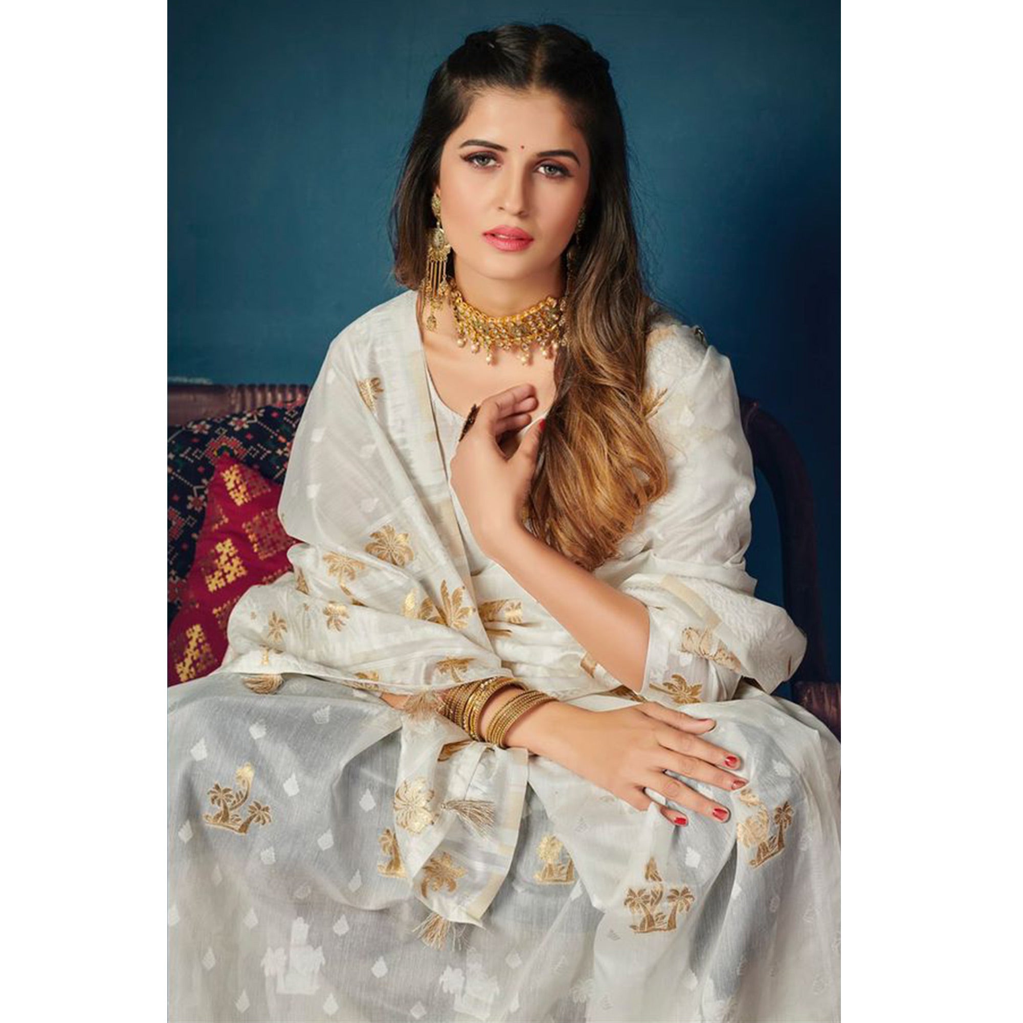 White Woven Cotton Blend Saree With Tassels