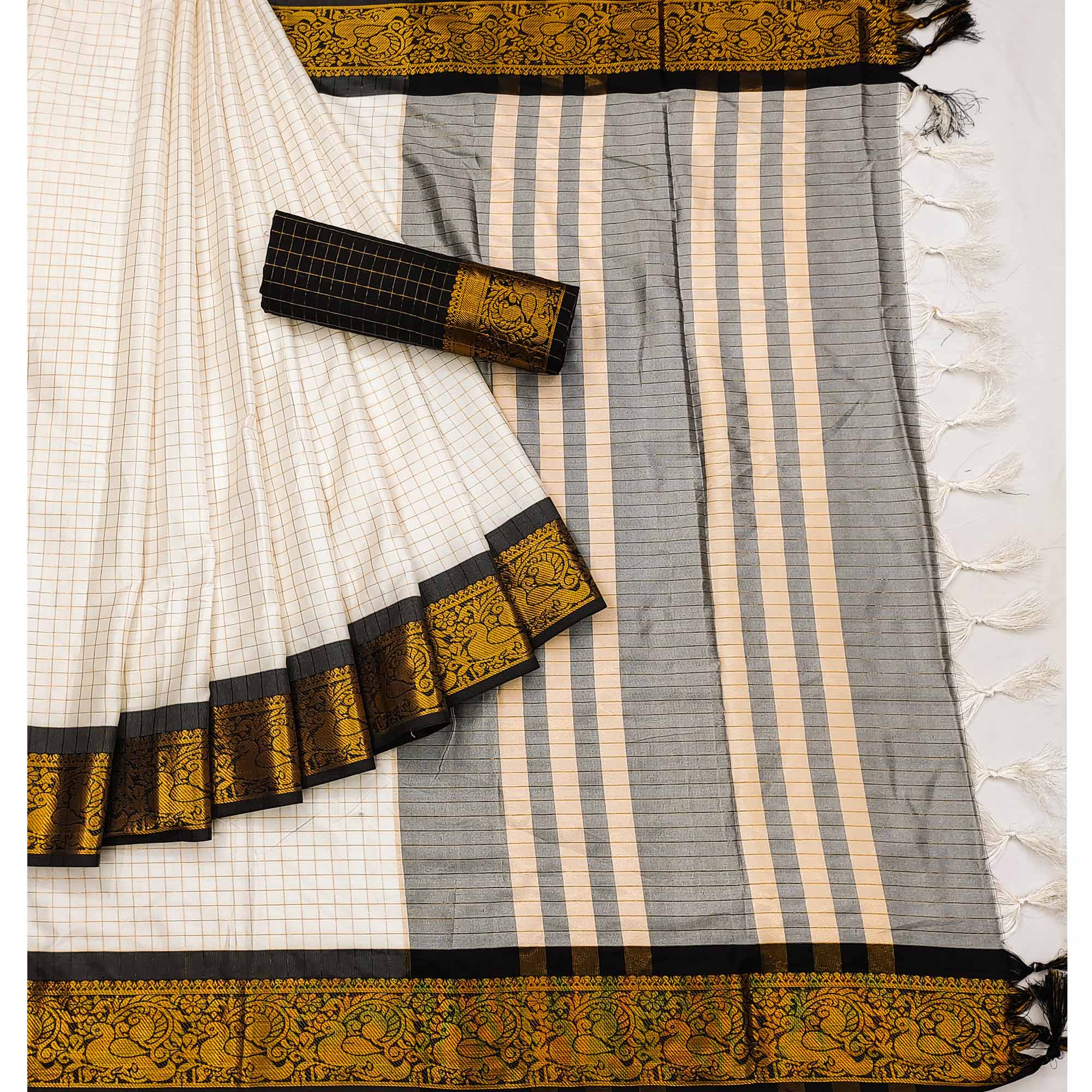 Cream And Black Woven Cotton Silk Saree With Tassels