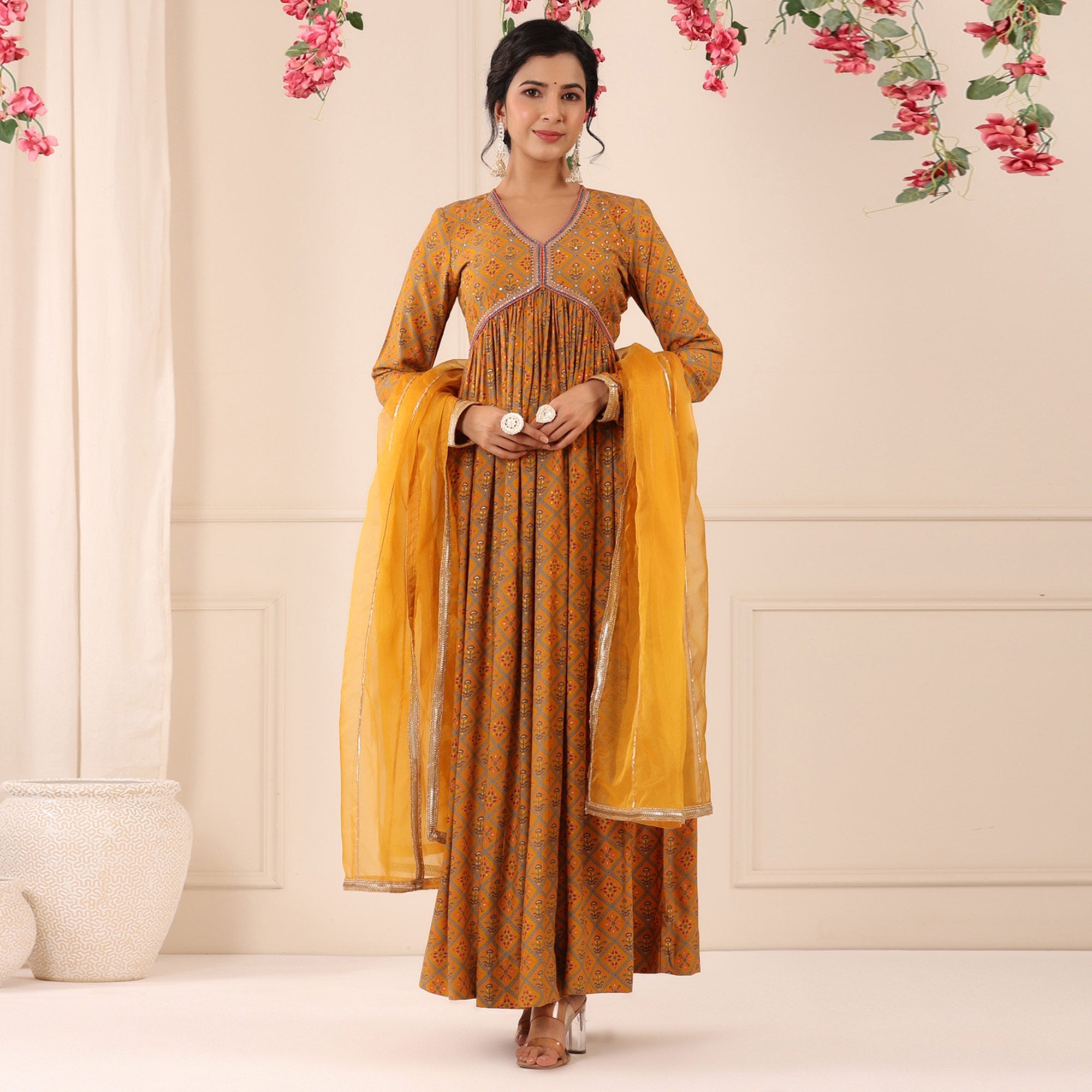 Mustard Patola Printed Muslin Gown With Dupatta