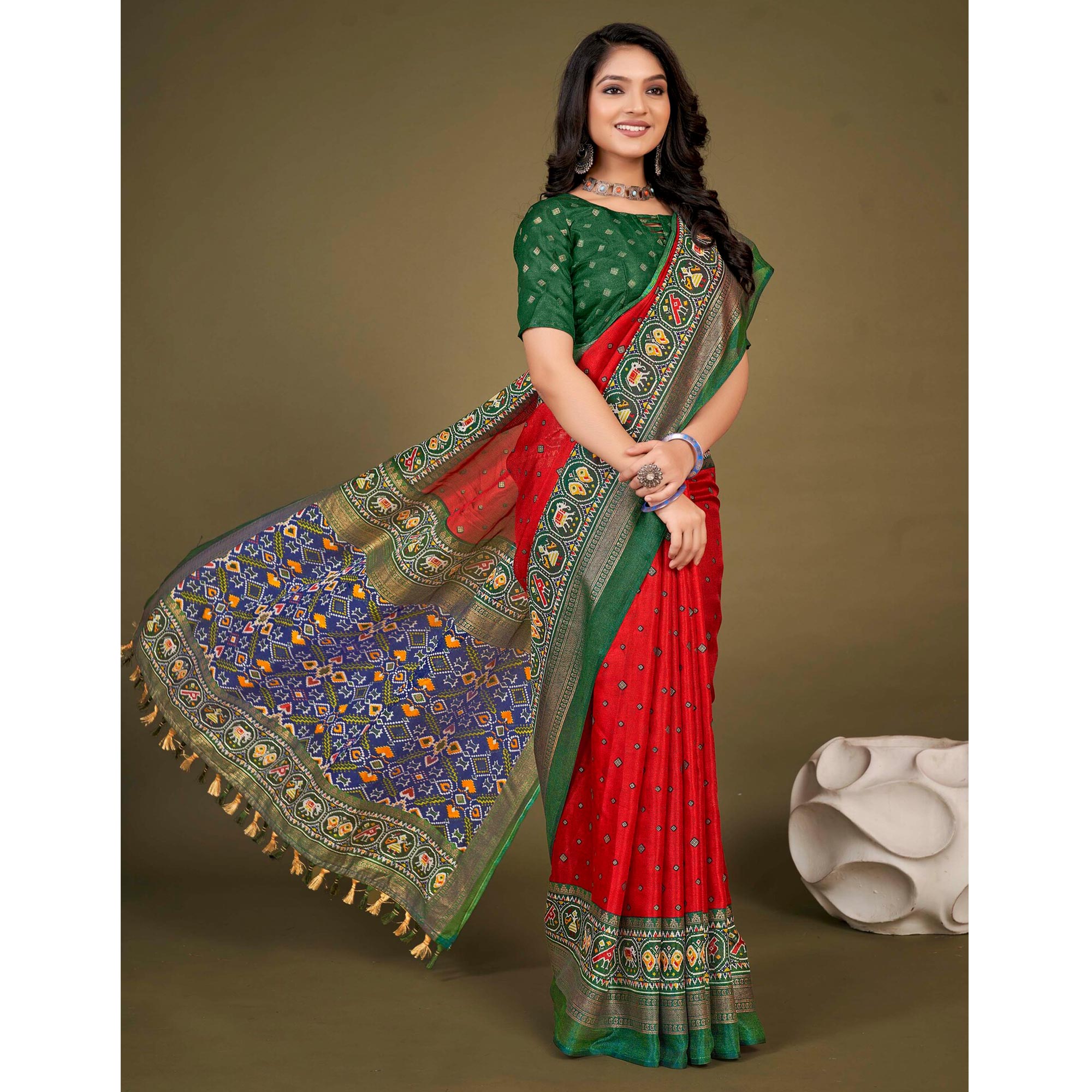 Red Printed Jute Patola Saree With Tassels