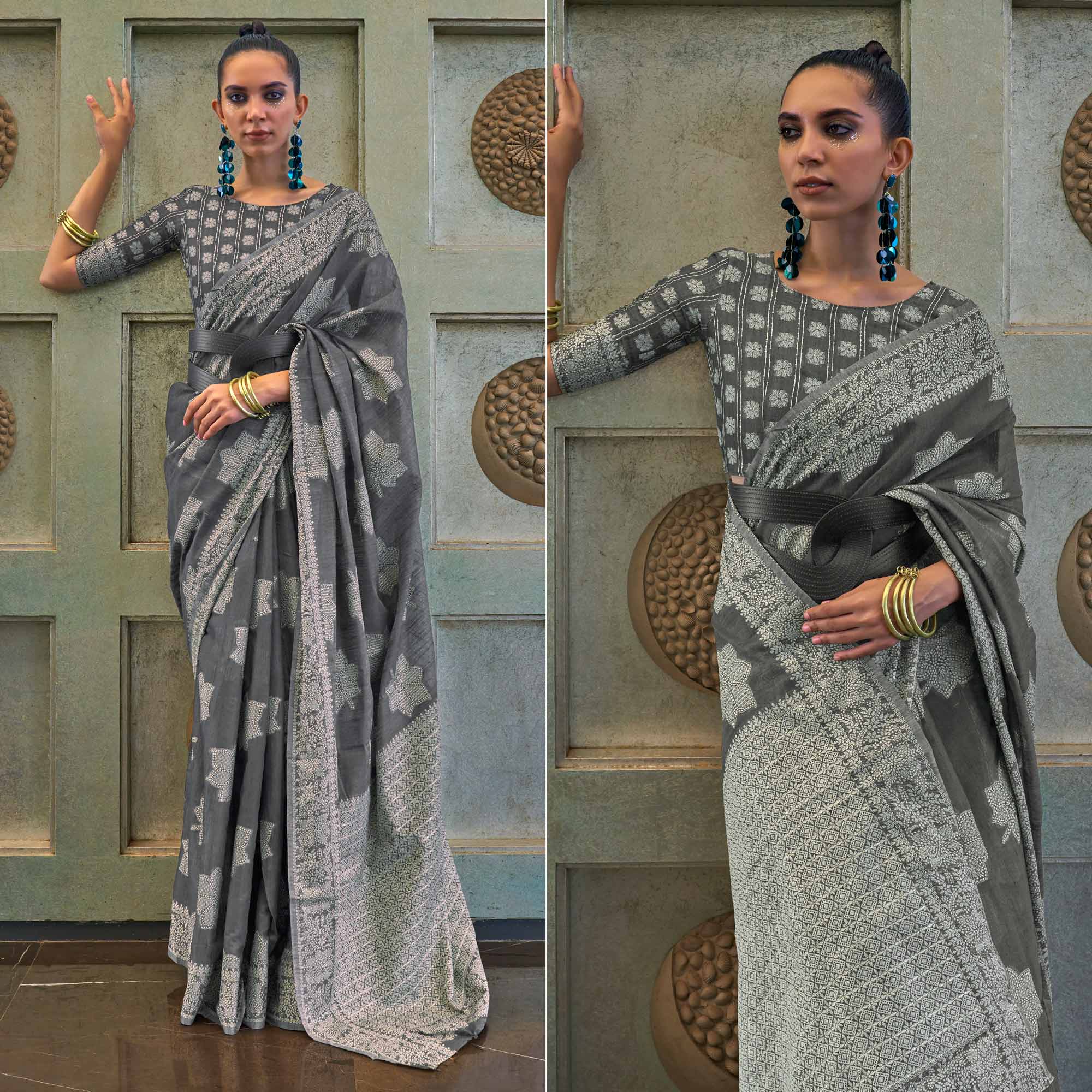 Grey Lucknowi & Sequins Embroidered Art Silk Saree
