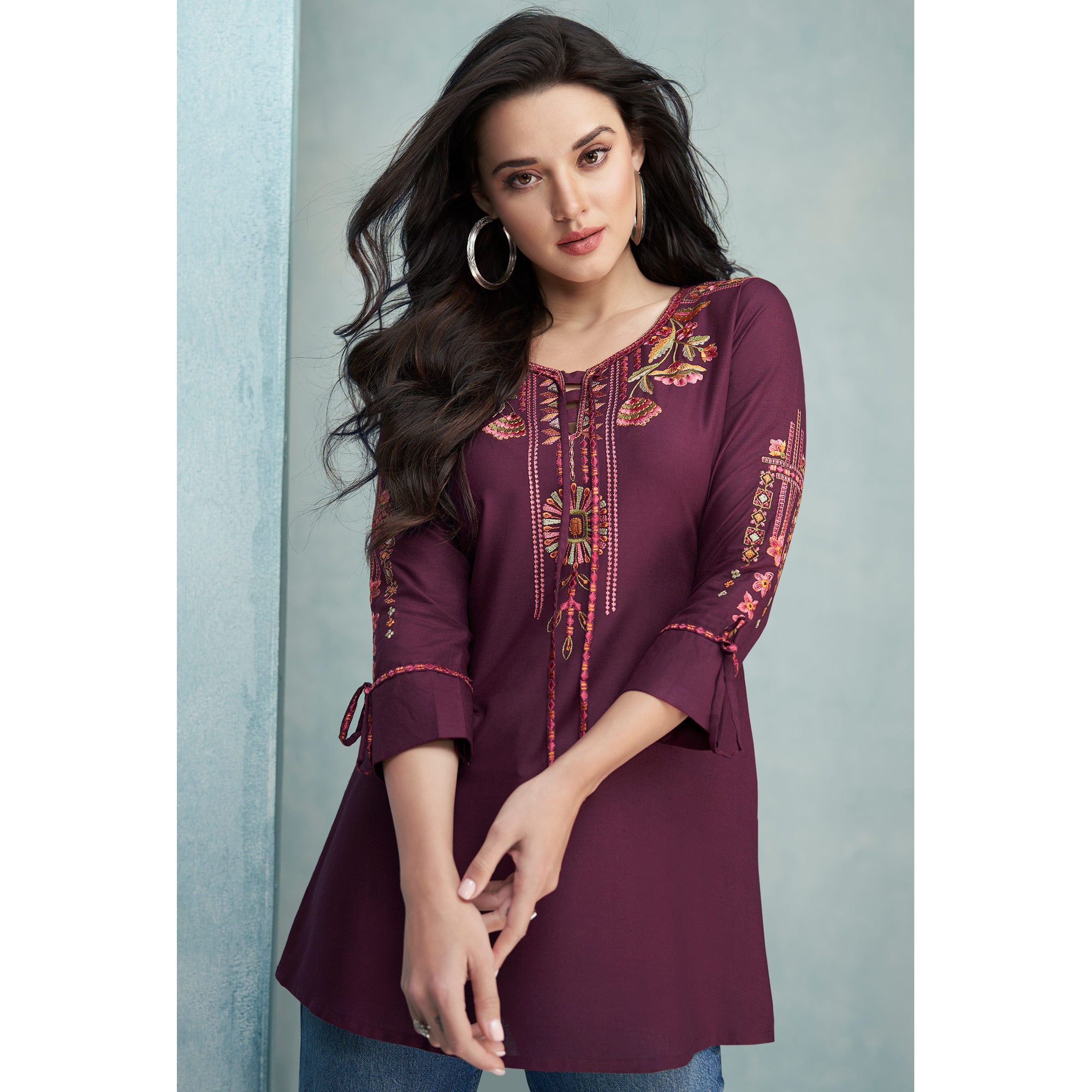 Wine Floral Embroidered Rayon Top