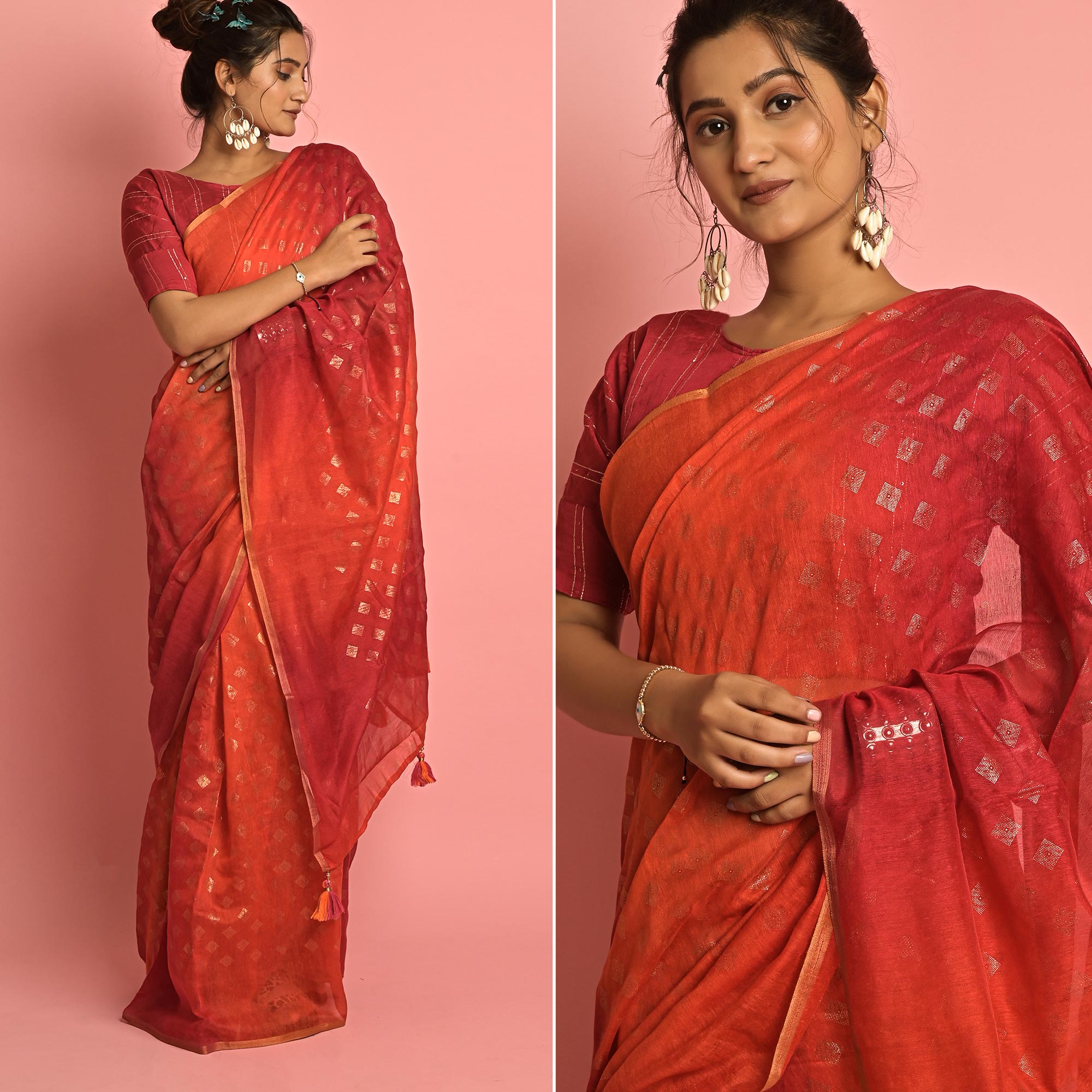 Orange & Red Foil Printed Cotton Blend Saree