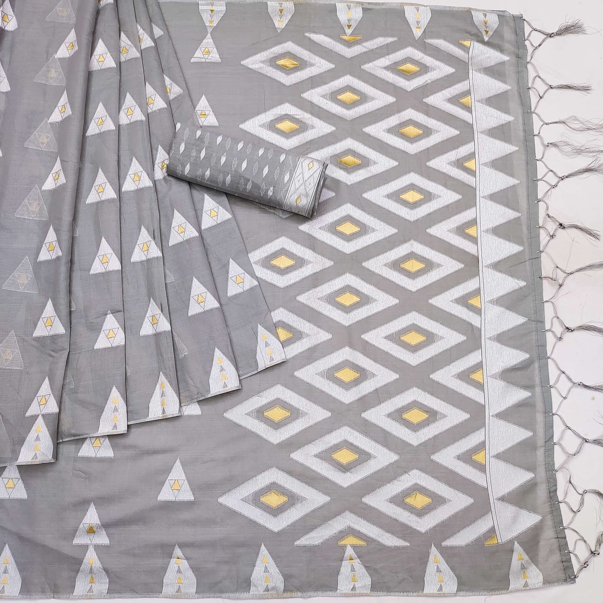 Grey Woven Cotton Saree With Tassels