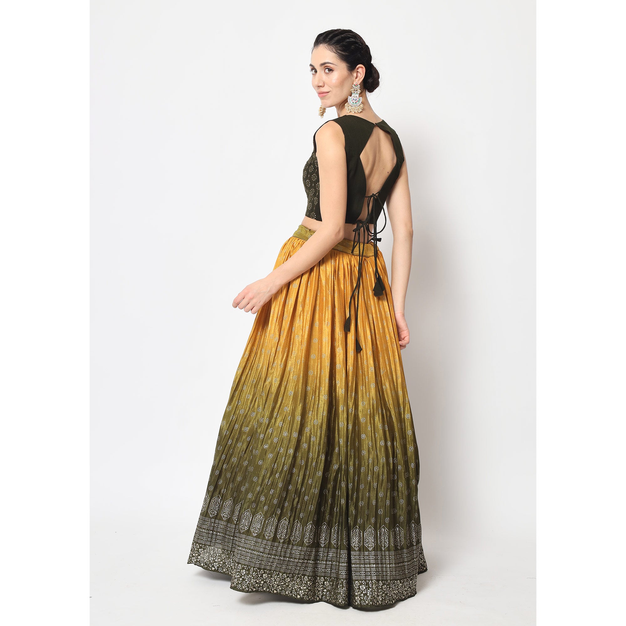 Mustard & Olive Foil Printed Chiffon Lehenga Choli