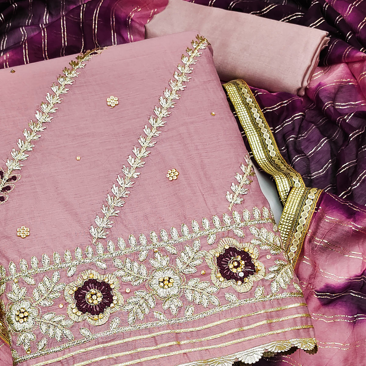 Pink Floral Embroidered Modal Dress Material