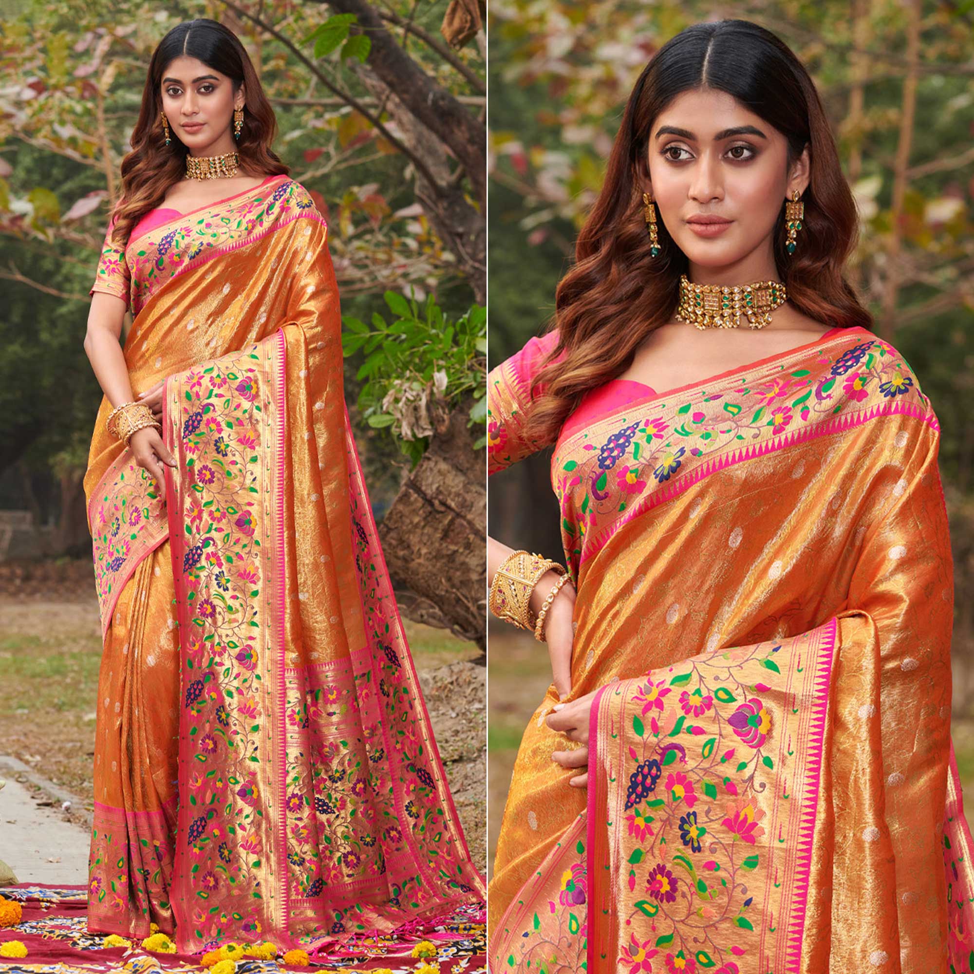 Orange Woven Art Silk Paithani Saree With Tassels