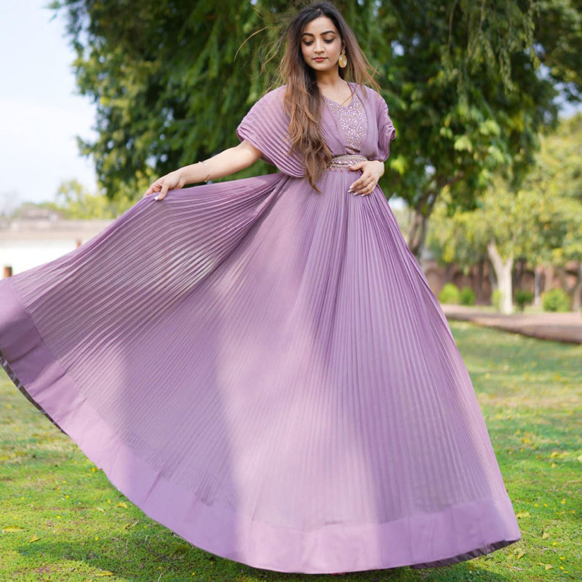 light purple colour dress Light Purple Embellished Georgette Gown With Belt