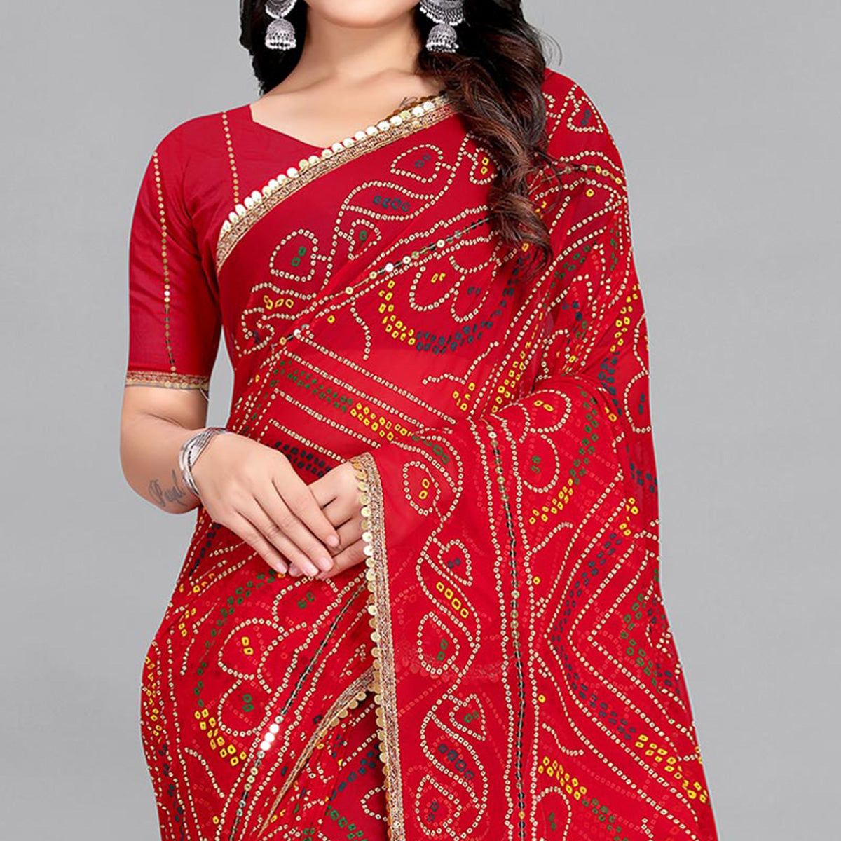 Red Bandhani Printed With Sequins Work Georgette Saree