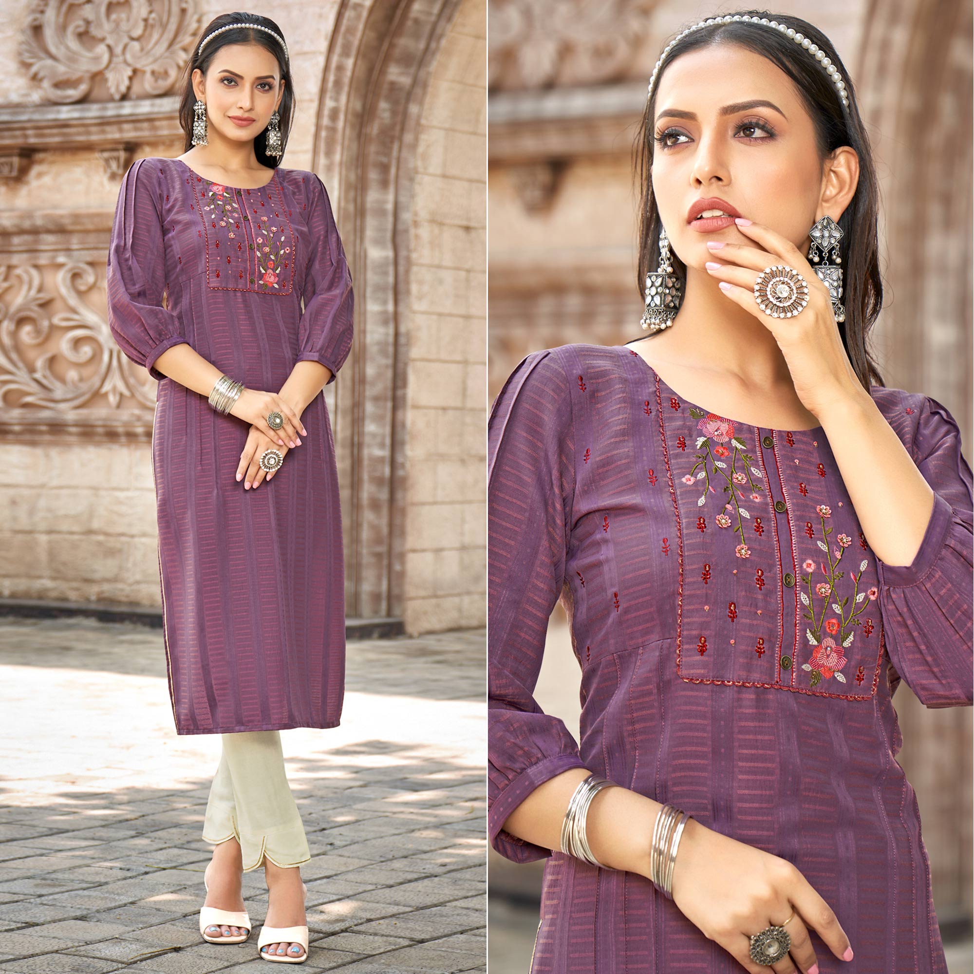 Purple Embroidered Rayon Kurti