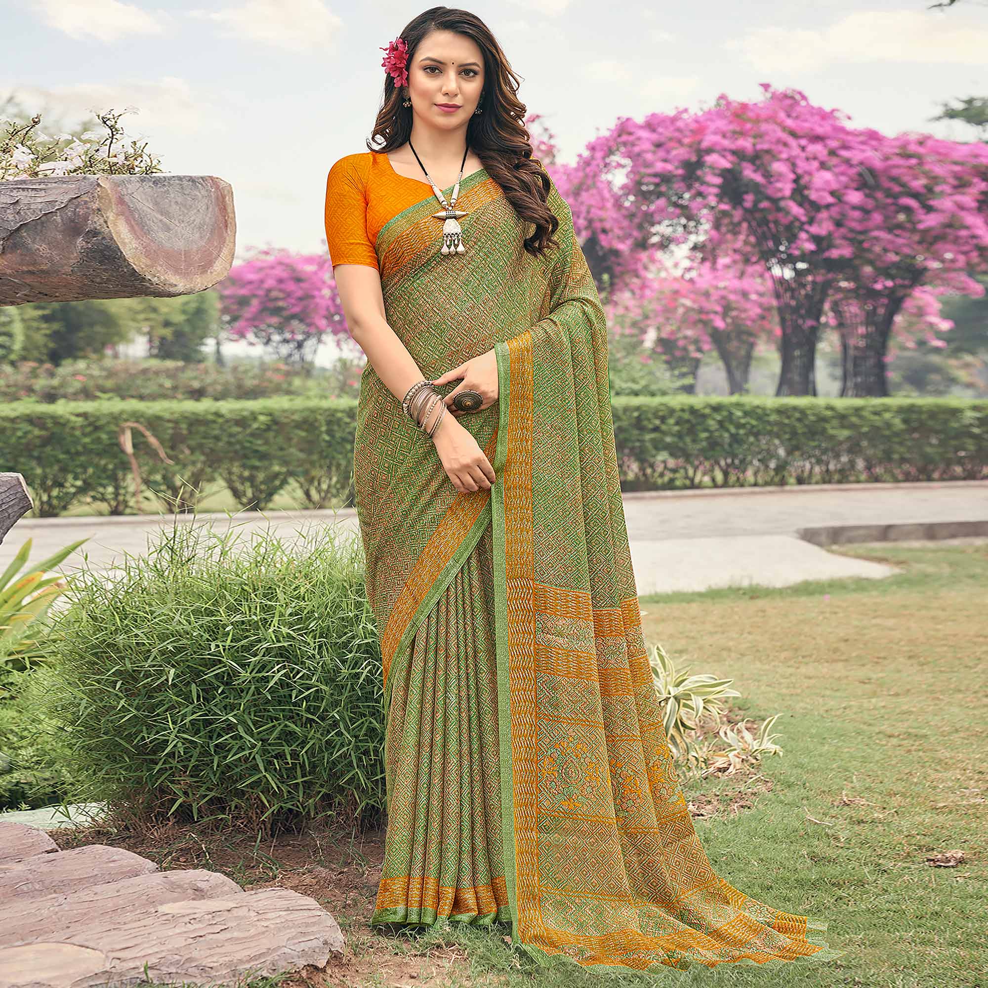 Green & Orange Printed Chiffon Saree