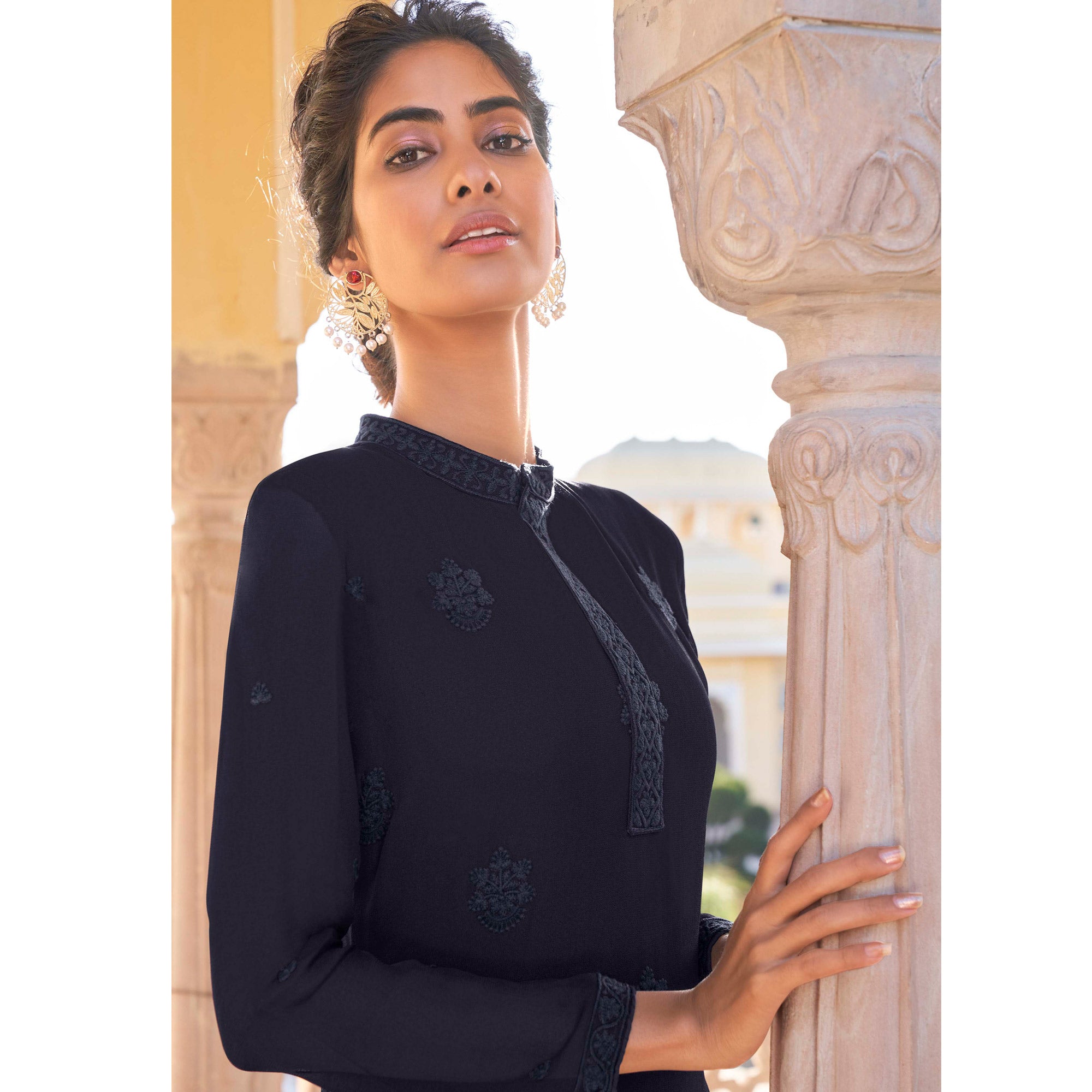 Navy Blue Lucknowi Embroidered Georgette Kurti Palazzo Set