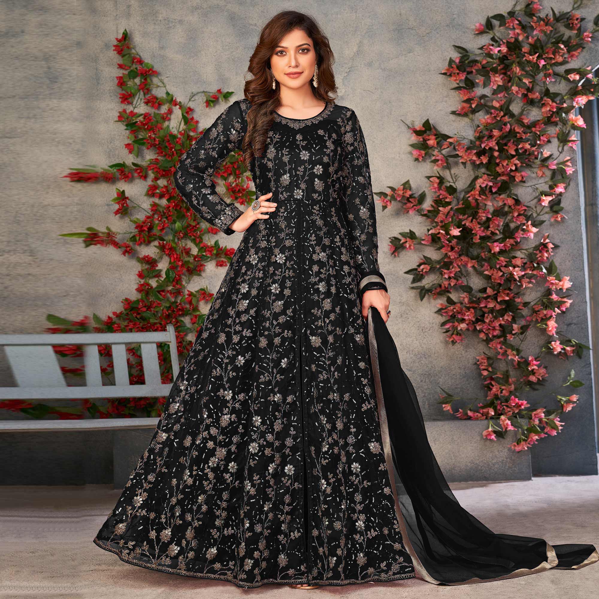 Black Zardosi Work Netted Gown