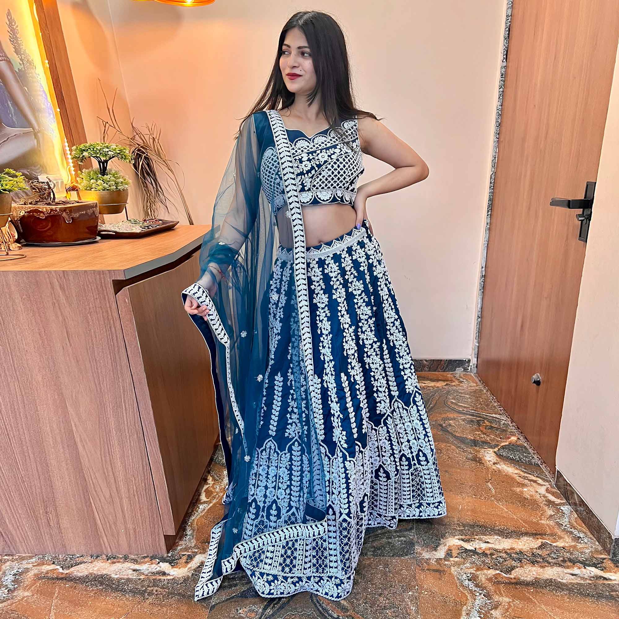 Blue Floral Embroidered Chiffon Lehenga Choli