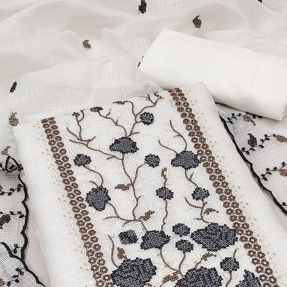 White & Black Floral Embroidered Kota Doria Dress Material