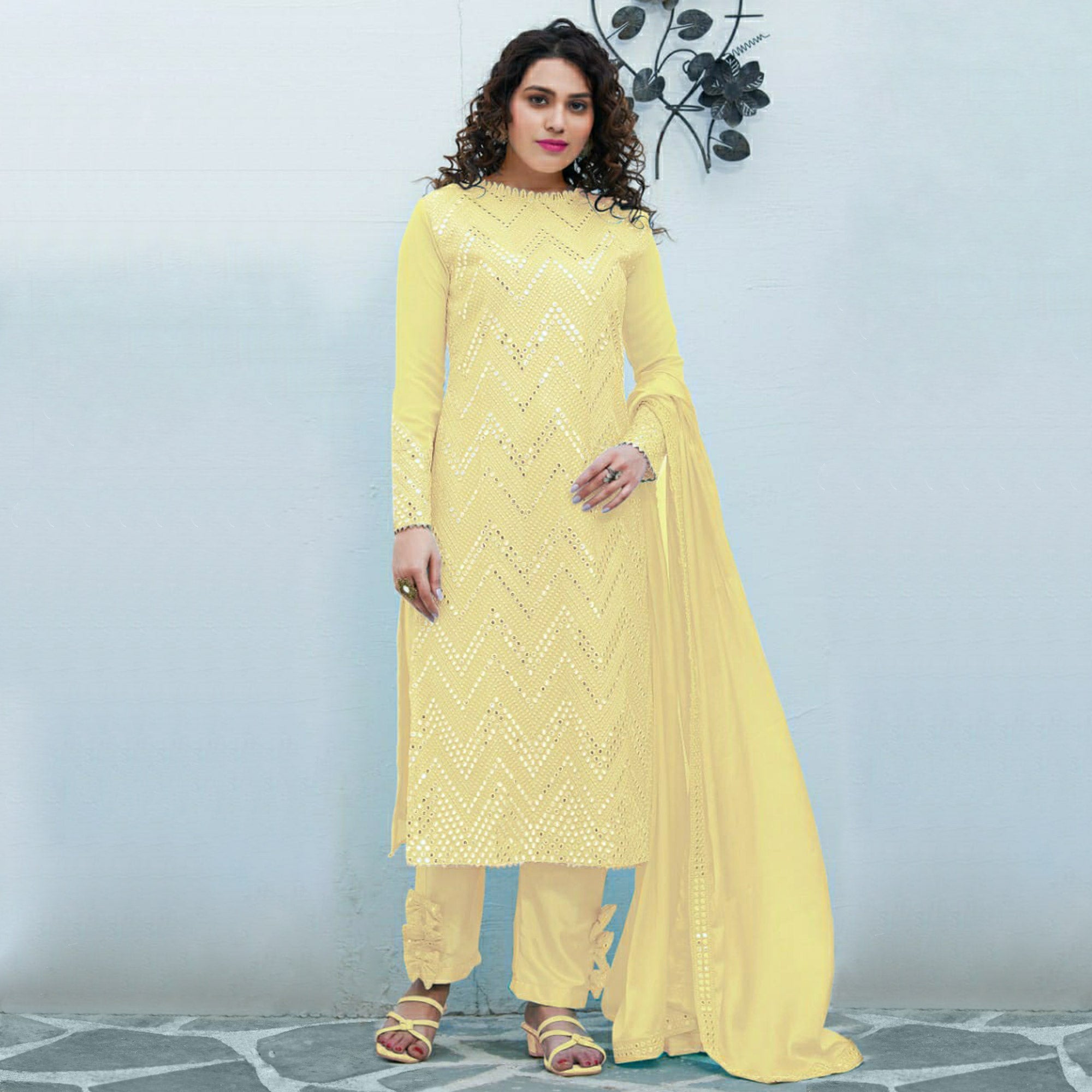 Yellow Mirror Embroidered Georgette Suit