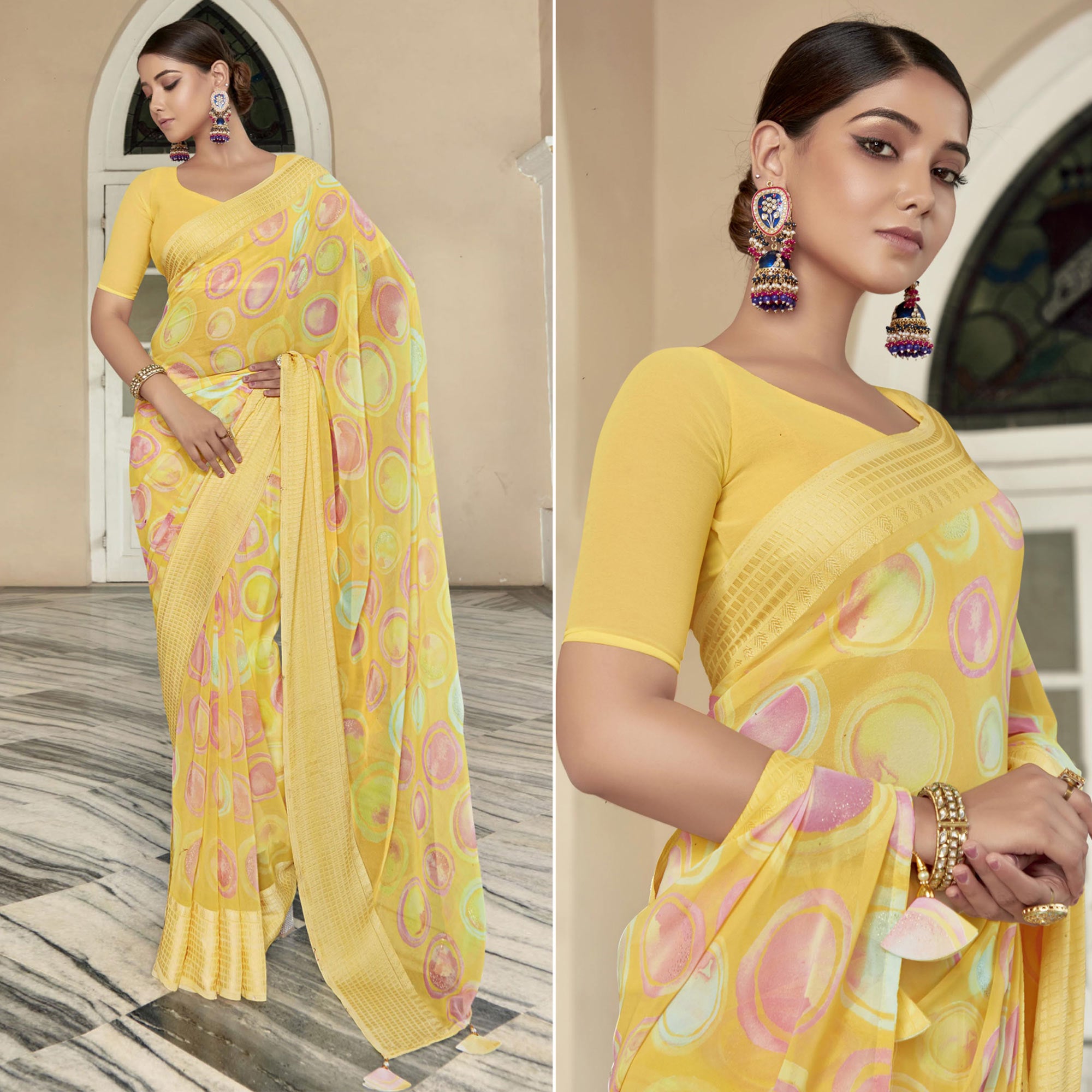 Yellow Printed Georgette Saree With Checks Border