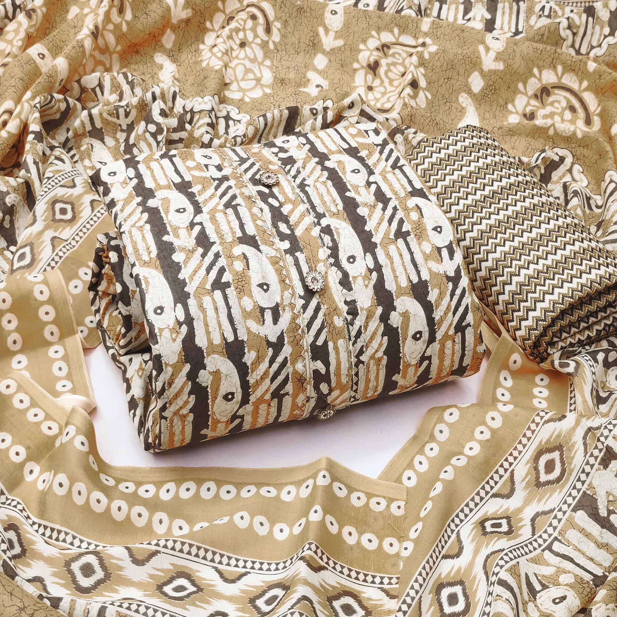 Yellow Printed Cotton Blend Dress Material