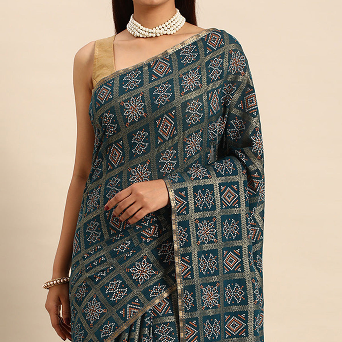 Blue Bandhani Foil Printed Zomato Saree With Tassels