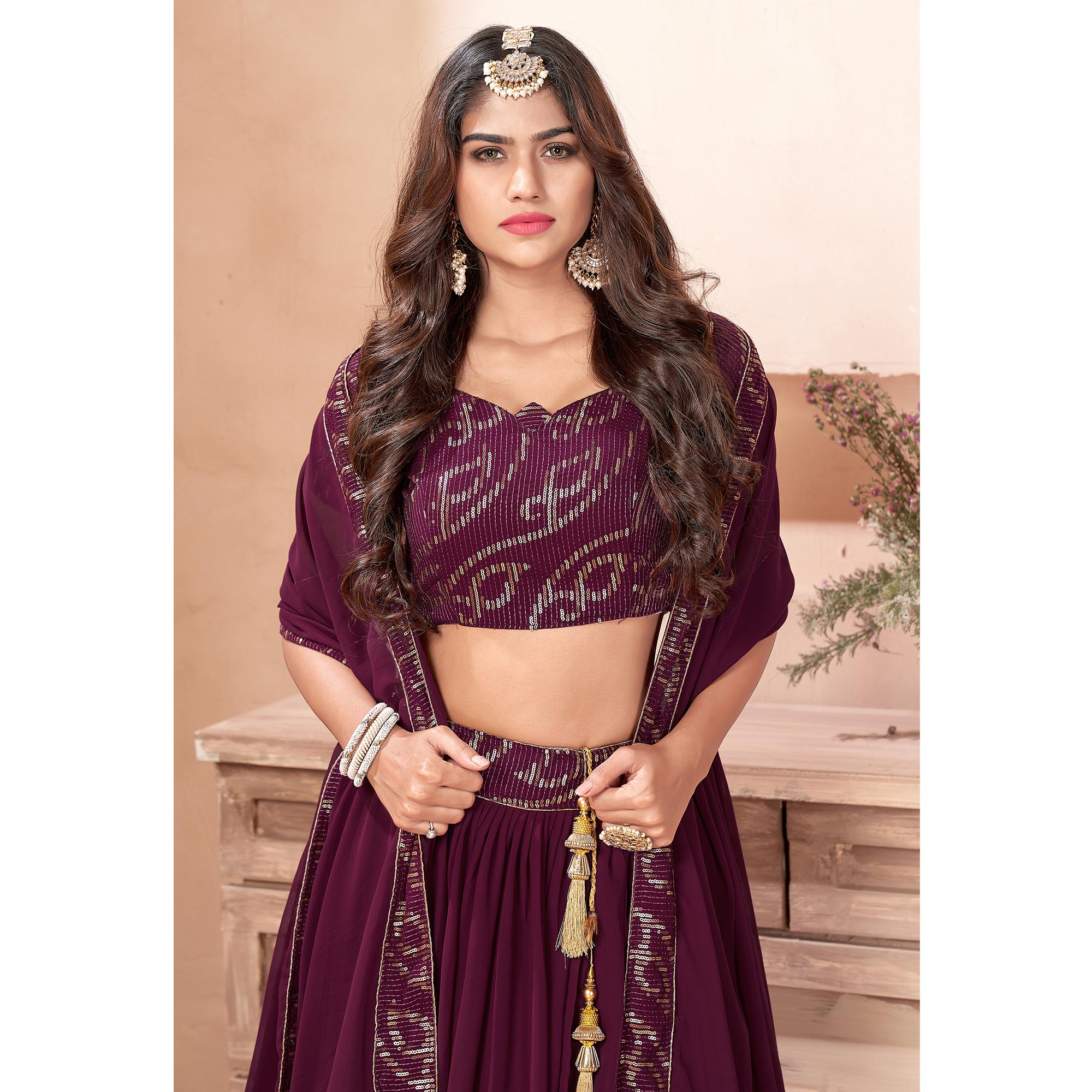 Purple Sequins Embroidered Georgette Lehenga Choli