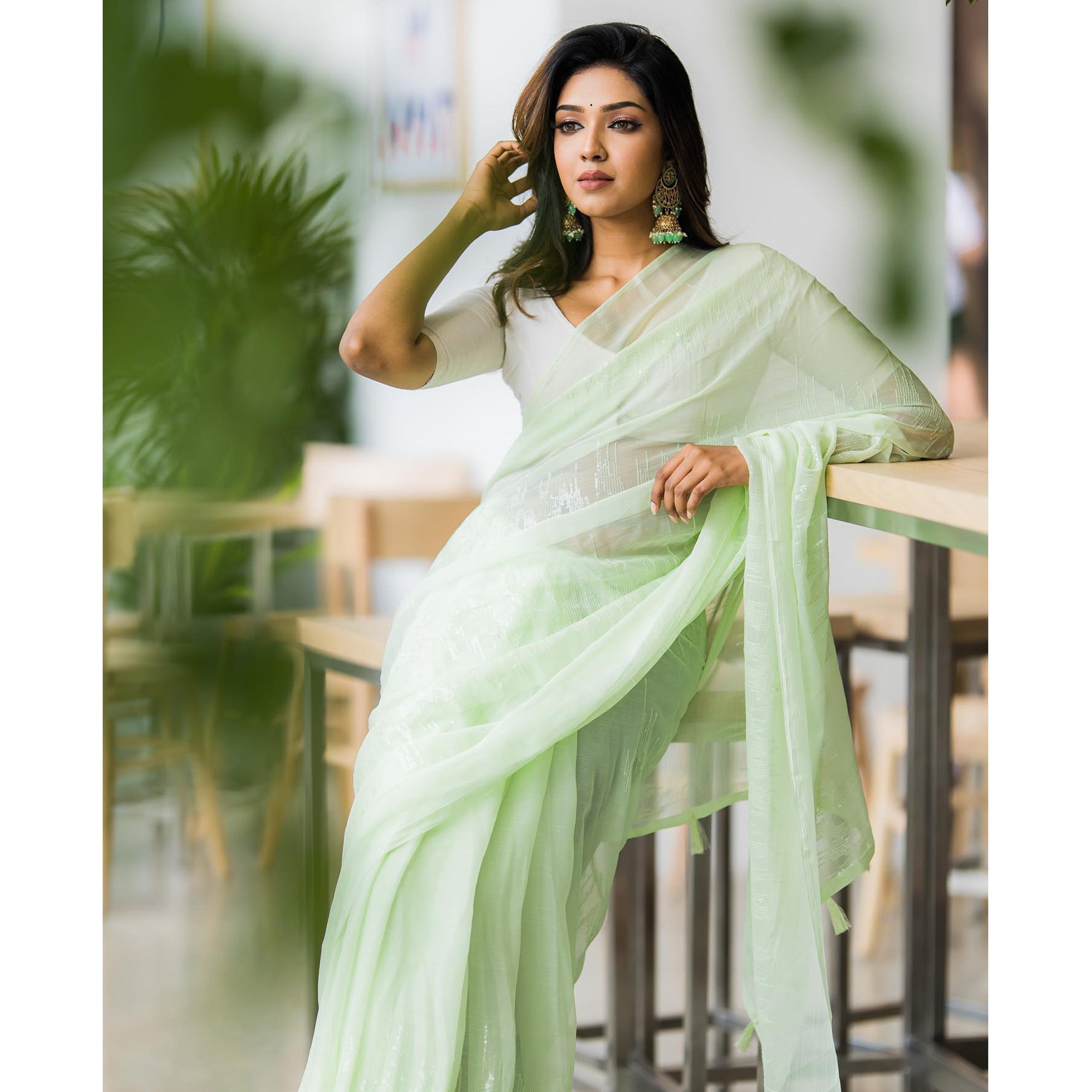 Pista Green Sequins Embroidered Zomato Silk Saree With Tassels