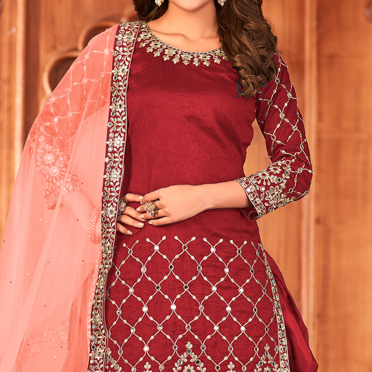 Red Embroidered Art Silk Patiala Suit