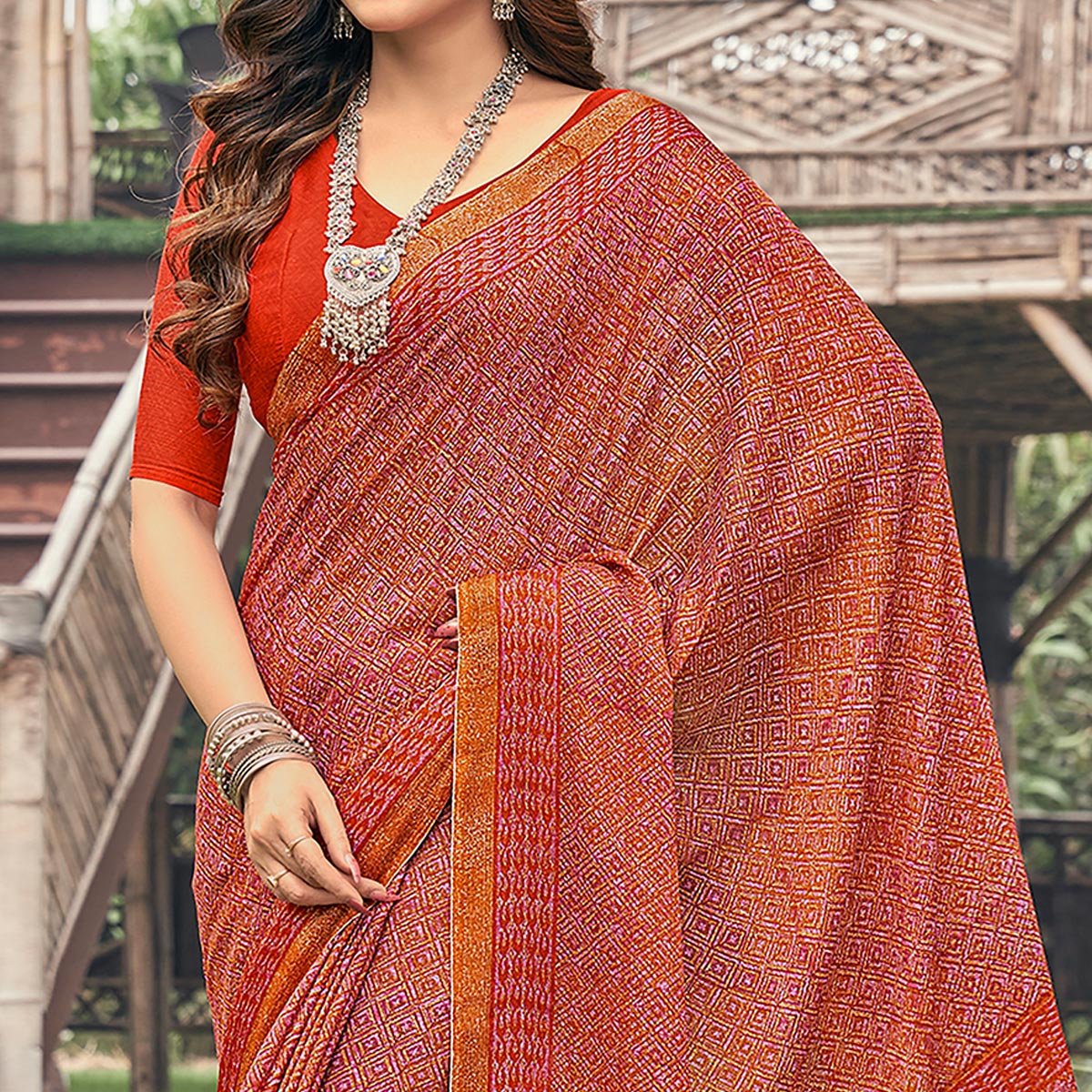 Red & Orange Printed Chiffon Saree