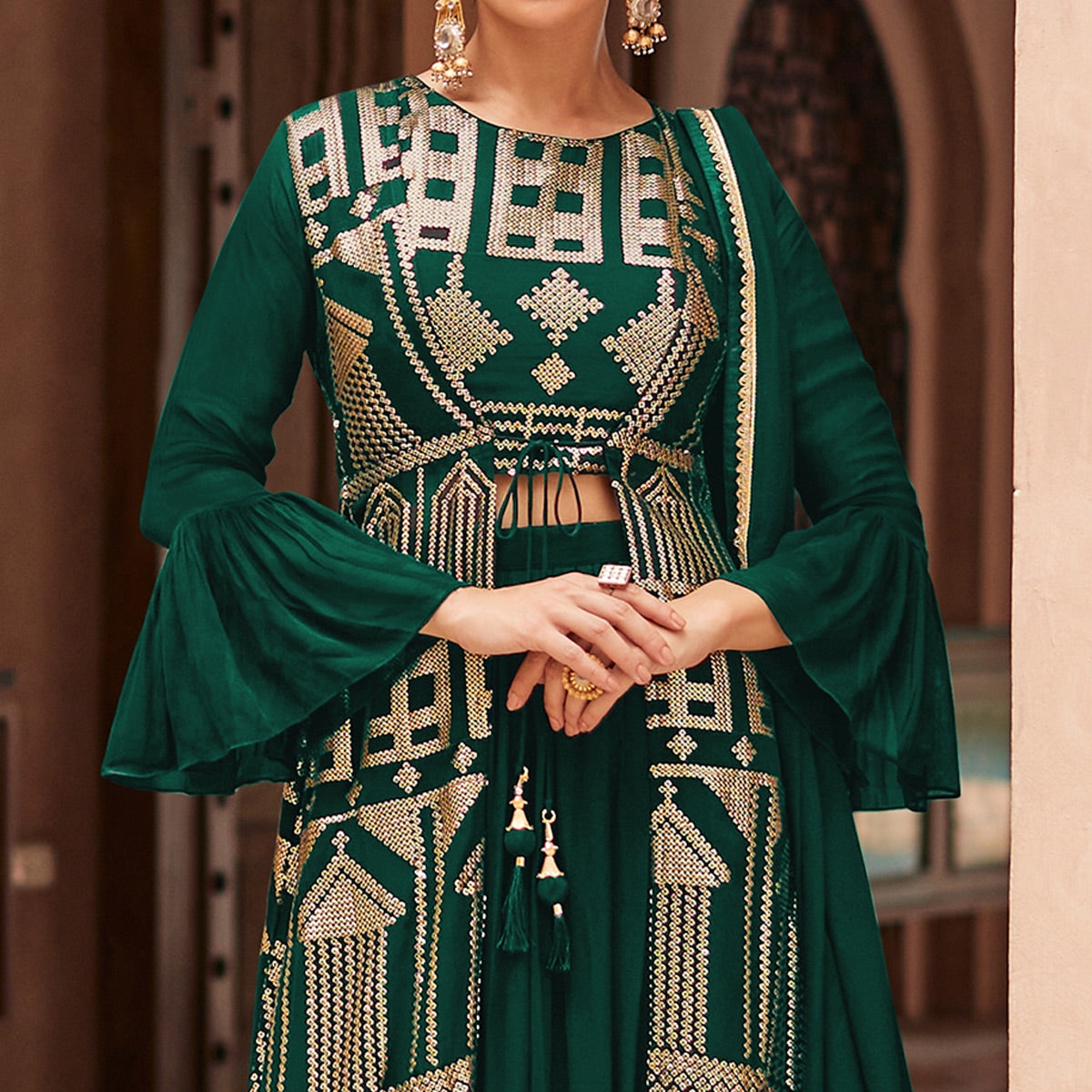 Green Sequins Embroidered Georgette Sharara Choli With Jacket