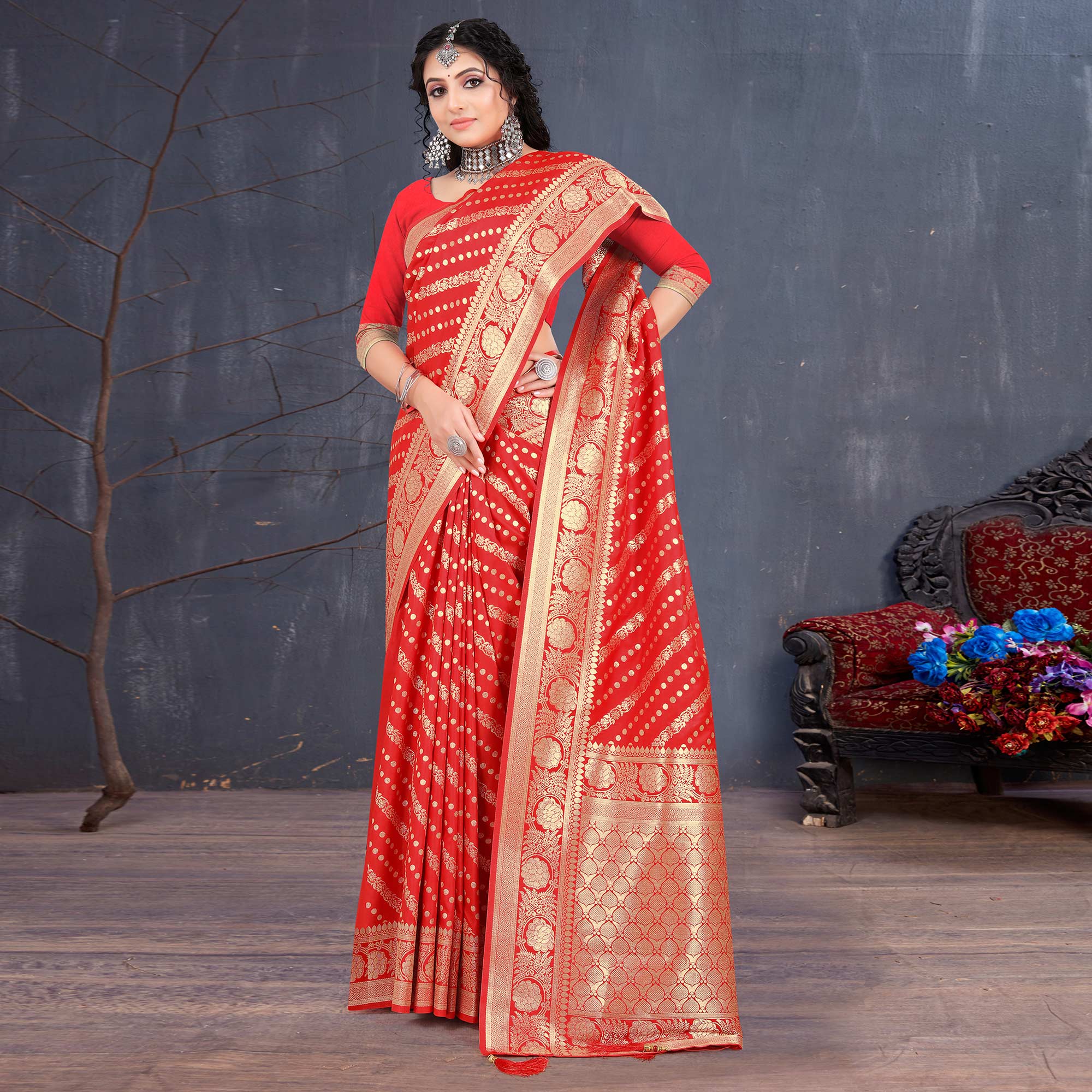 Red Woven Banarasi Silk Saree With Tassels