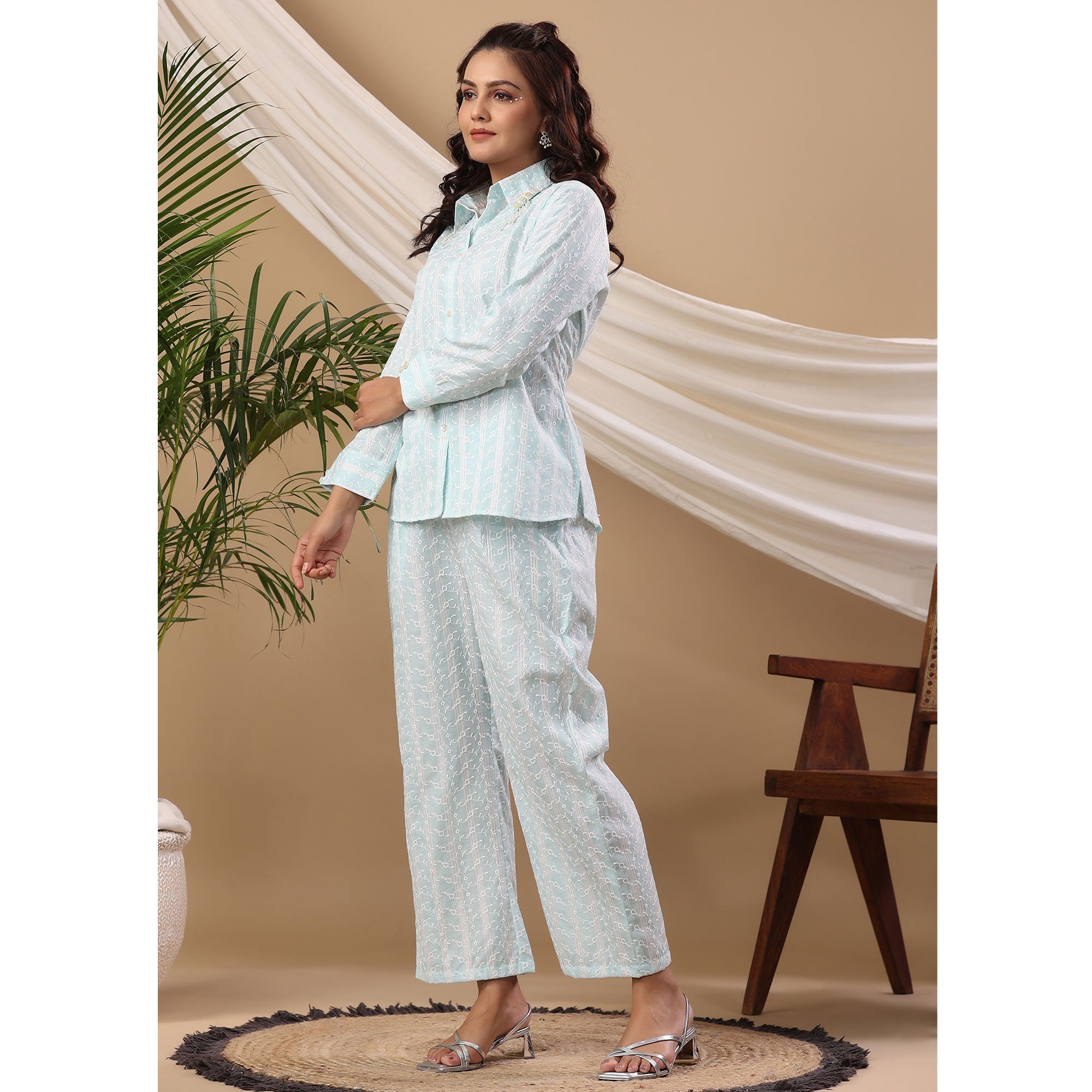 Light Blue Embroidered Pure Cotton Co Ord Set