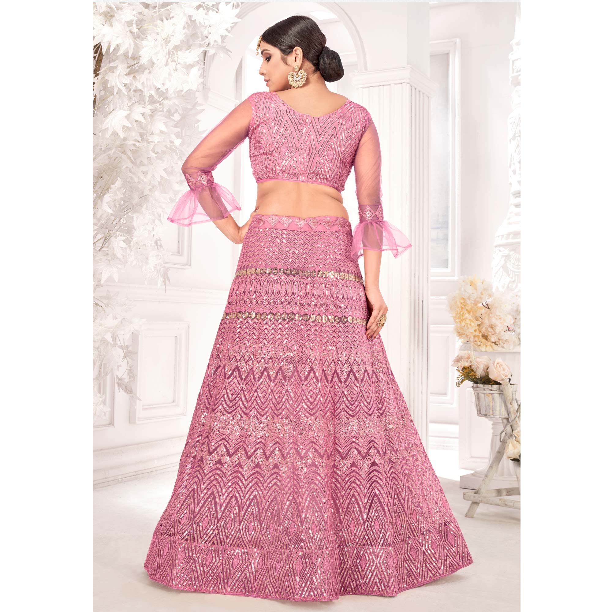 Pink Sequins Embroidered Netted Lehenga Choli