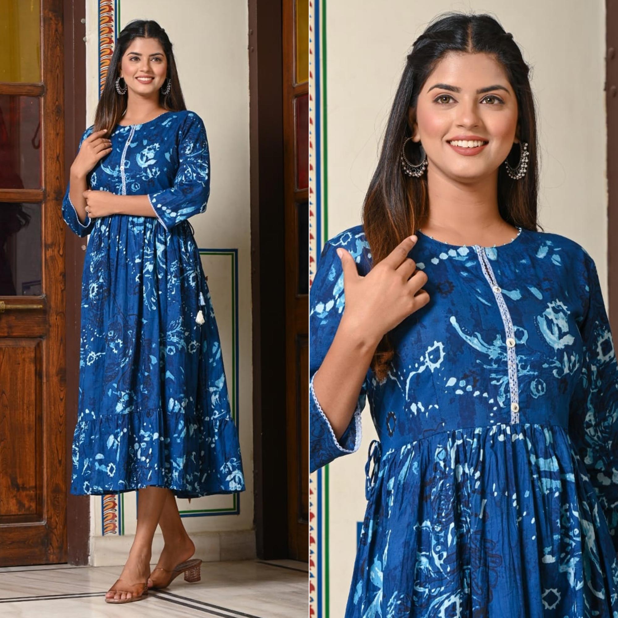 Blue Floral Printed Pure Cotton Dress