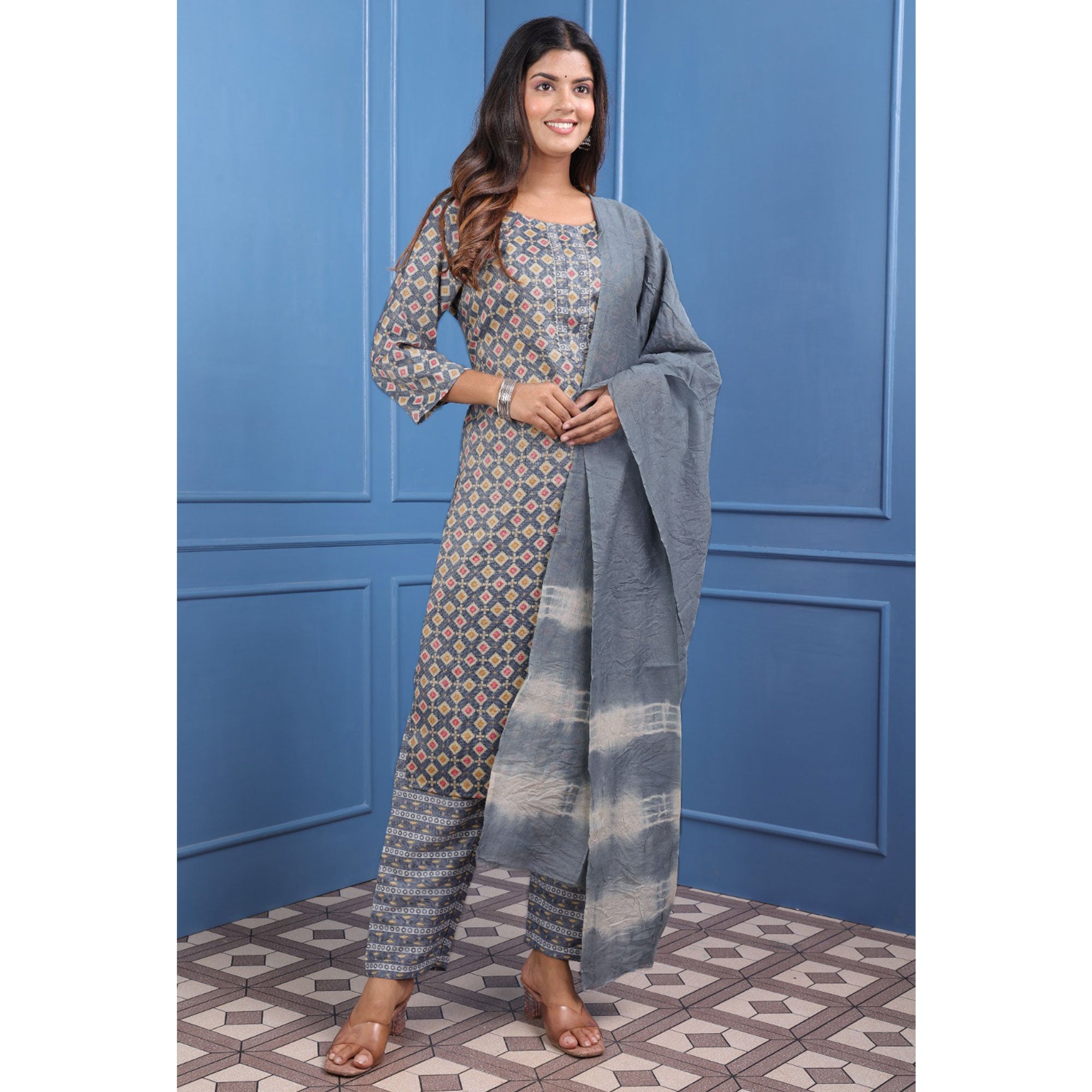 Grey Foil Printed Rayon Suit