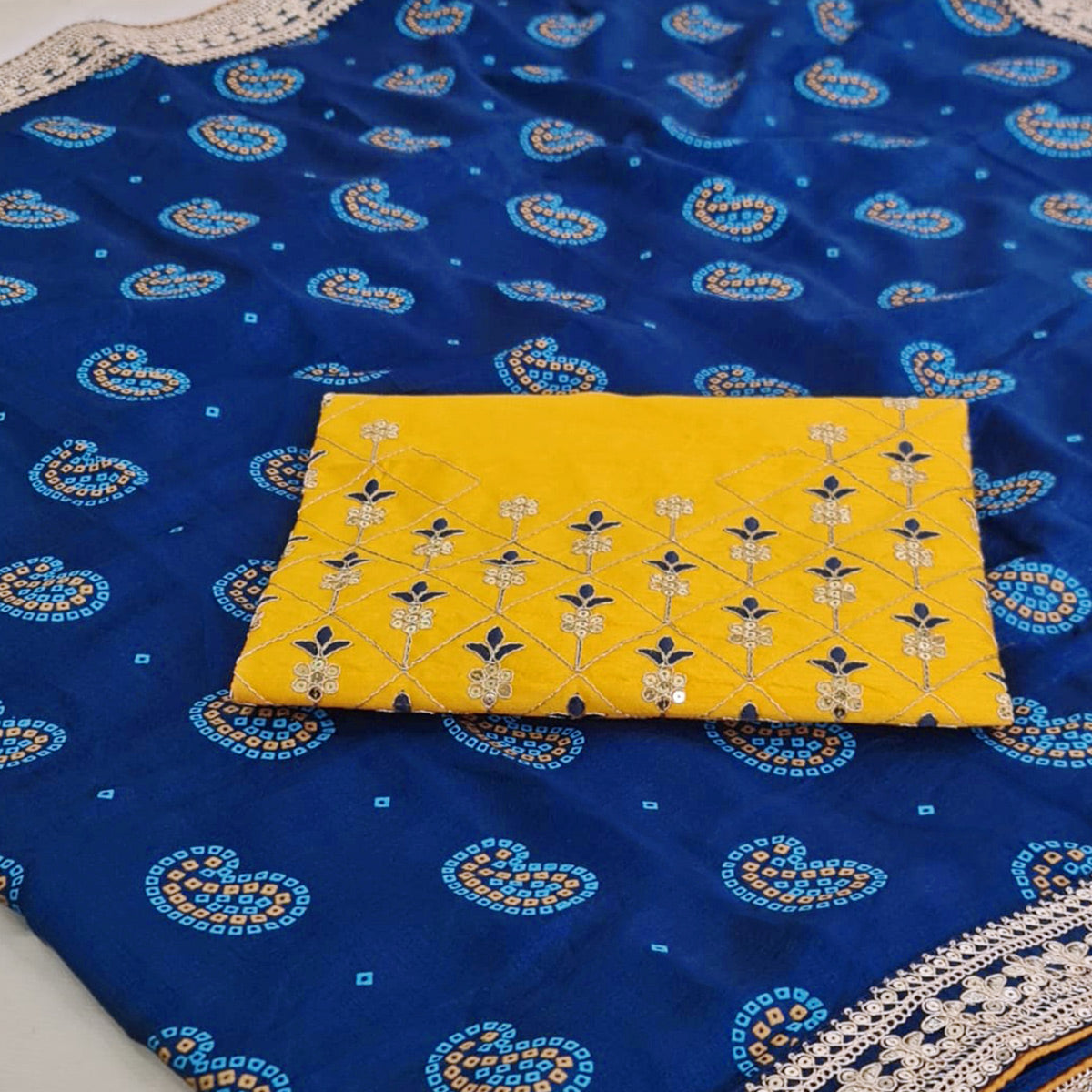 Blue Bandhani Printed With Sequins Vichitra Silk Saree