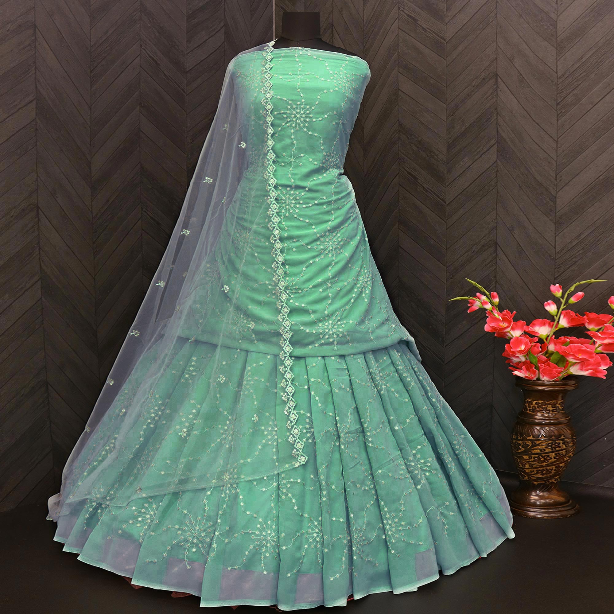 Sea Green Sequins Embroidered Georgette Semi Stitched Gharara Style Suit
