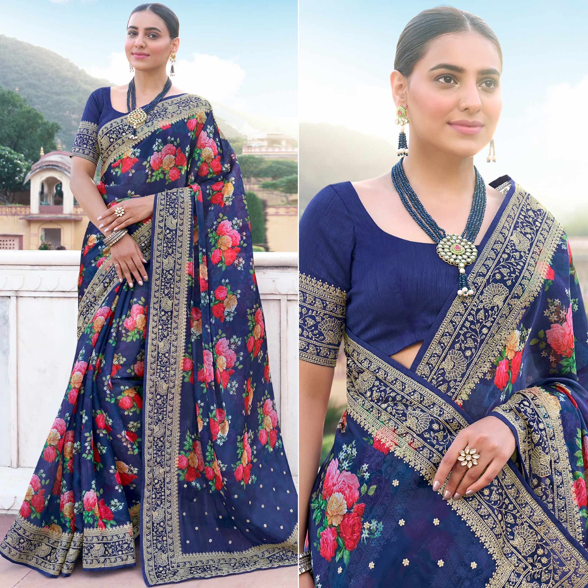 Navy Blue Floral Printed With Embroidered Organza Saree