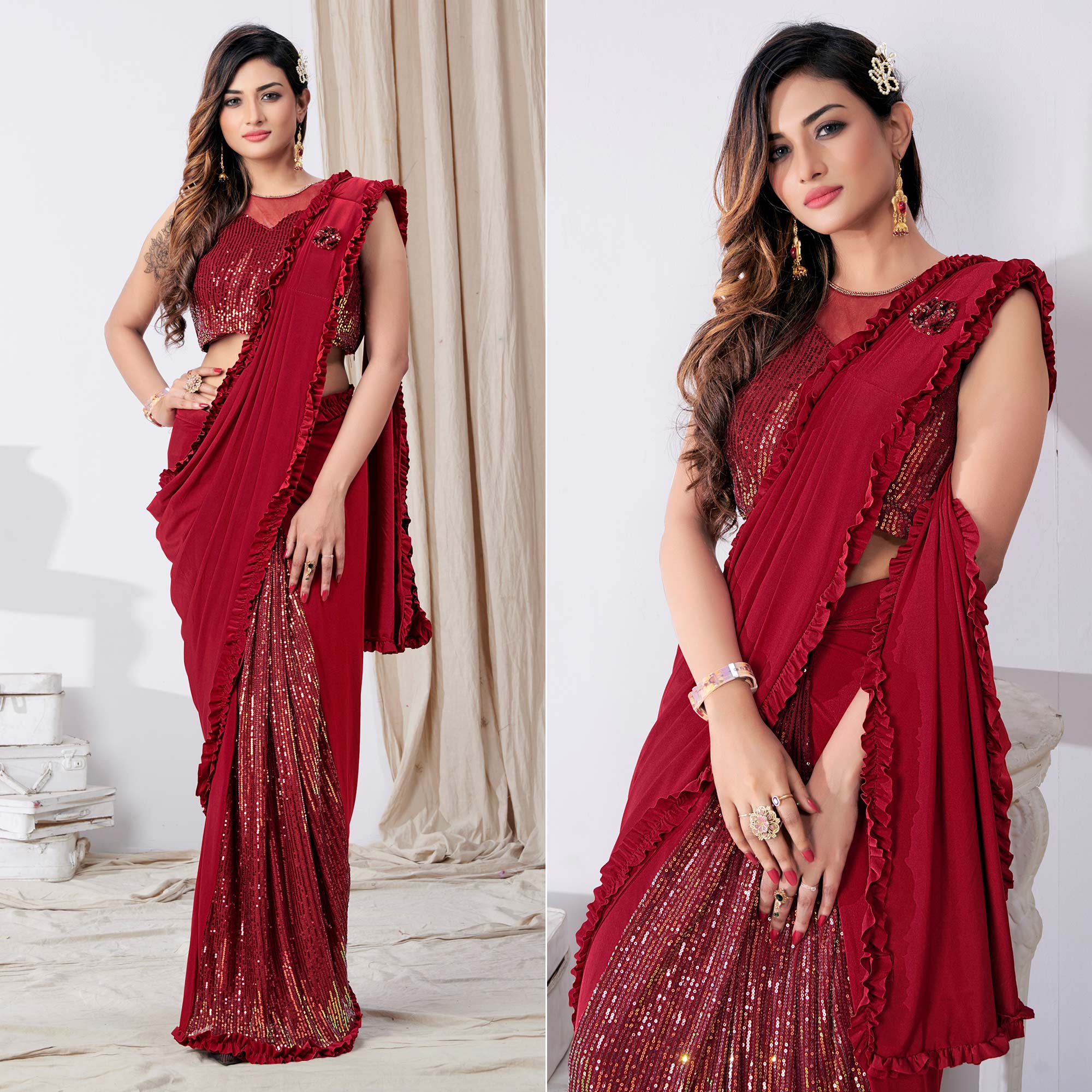 Red Sequins Embroidered Lycra Ready to Wear Saree