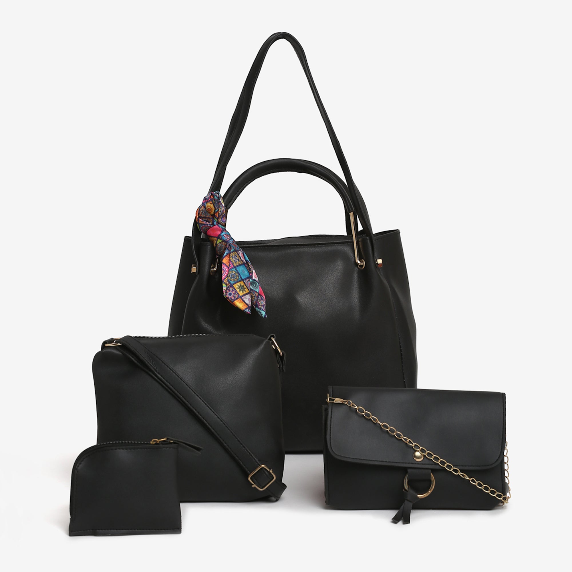 TMN - Women Black Vegan Leather Ribbon Handbag (Pack of 4)