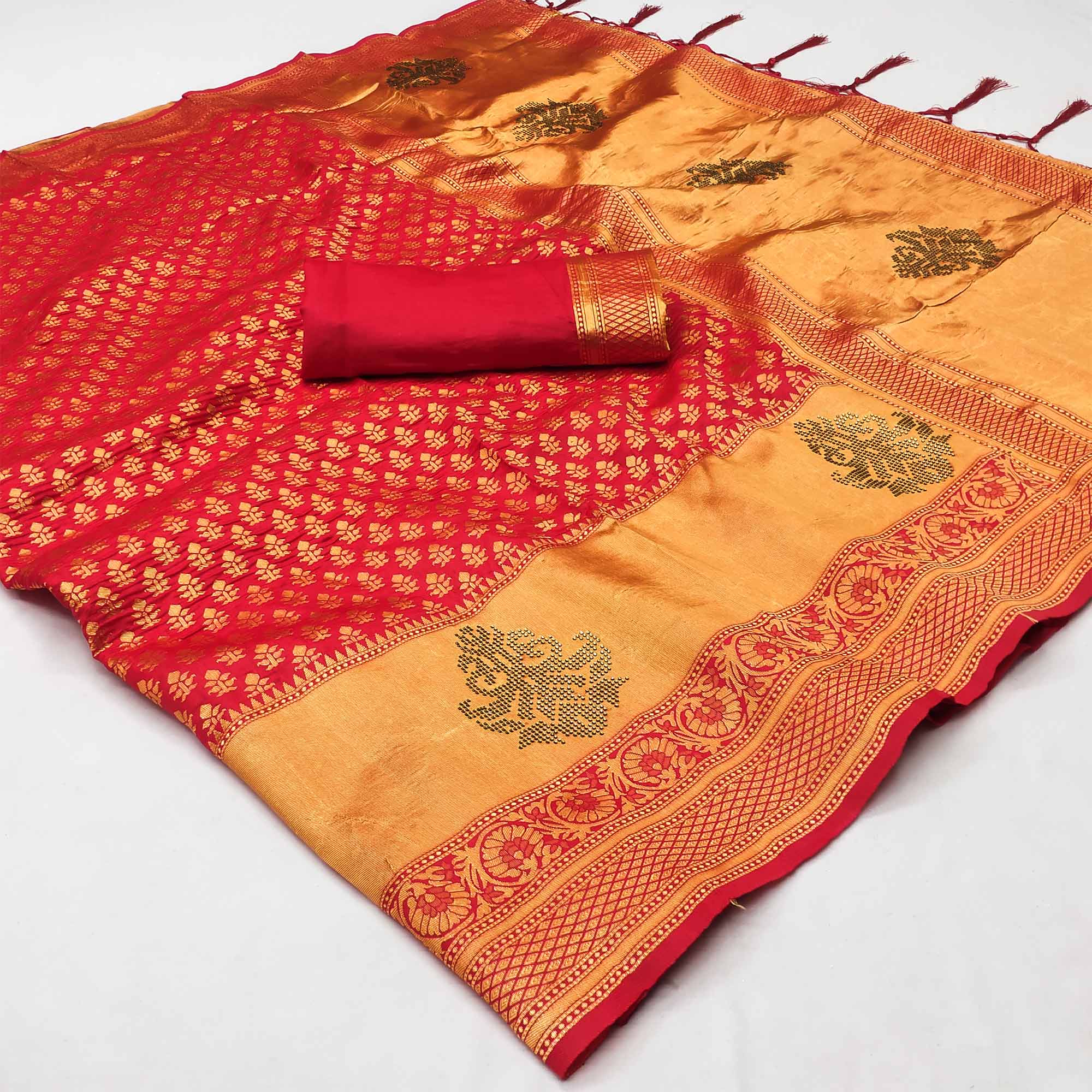 Pink Woven Art Silk Saree With Tassels