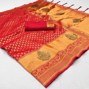 Pink Woven Art Silk Saree With Tassels