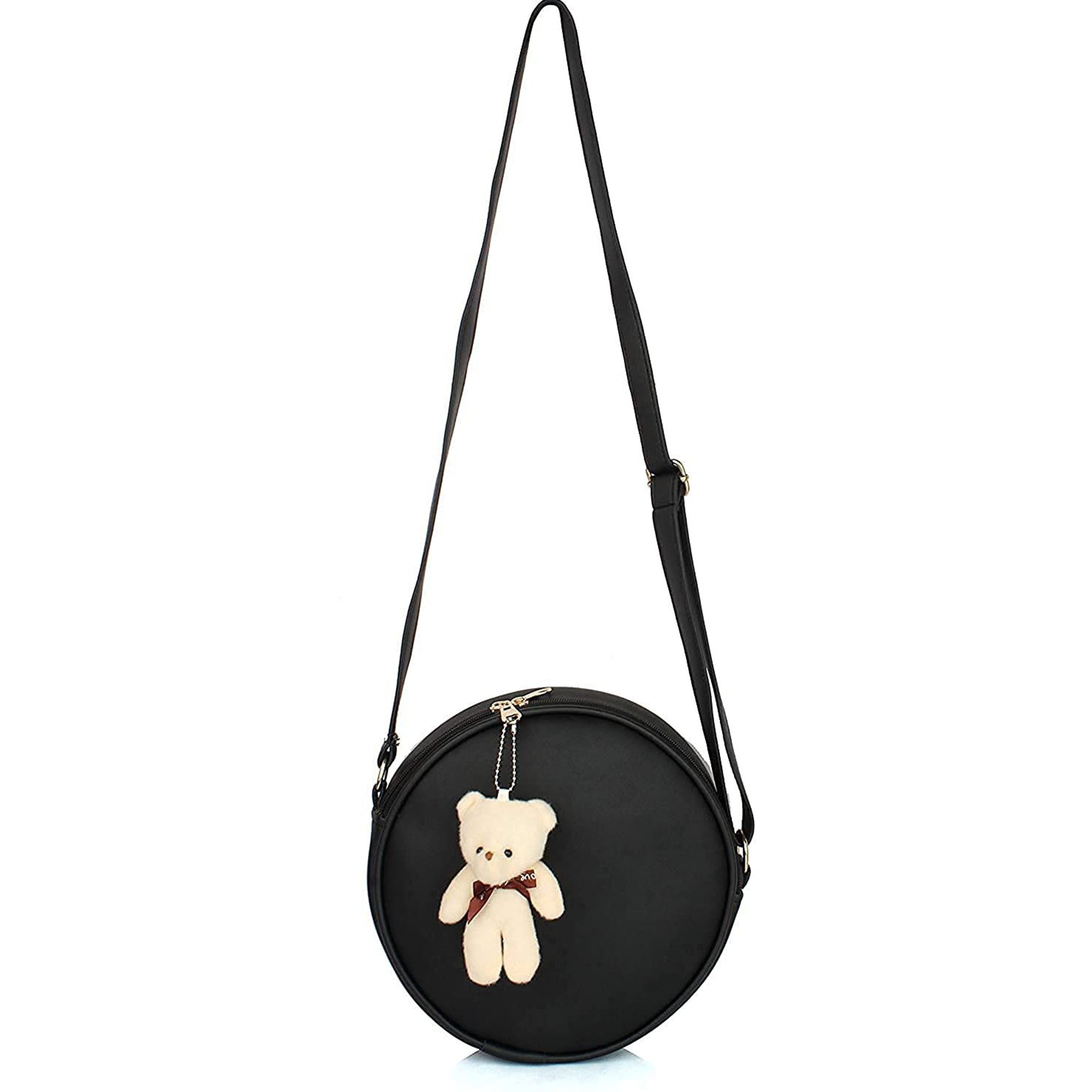 TMN - Women Black Vegan Leather Sling Bag with Attached Teddy