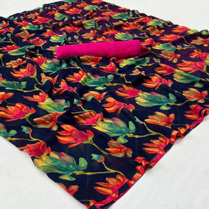 Navy Blue Floral Digital Printed Georgette Saree