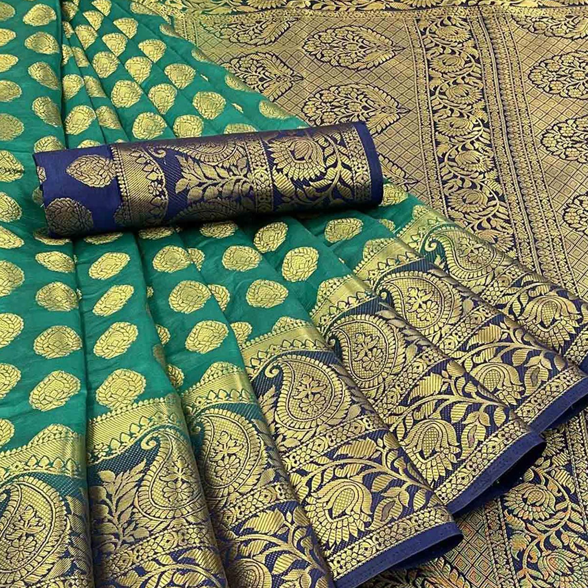 Rama Green Woven Banarasi Silk Saree