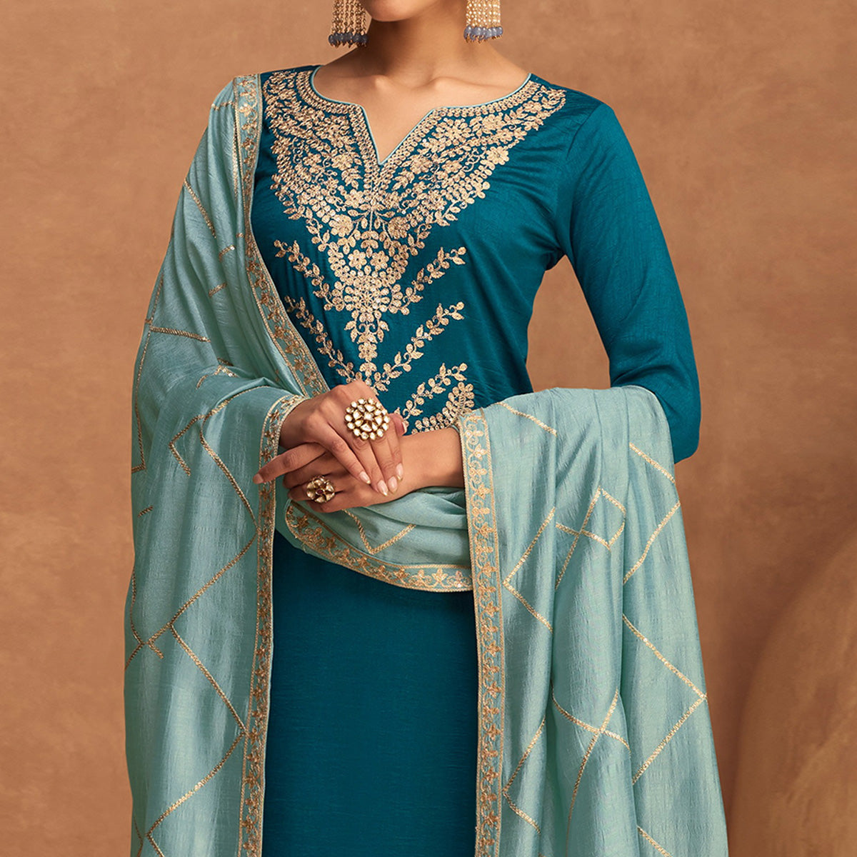 Aqua Blue Floral Sequins Embroidered Art Silk Semi Stitched Suit