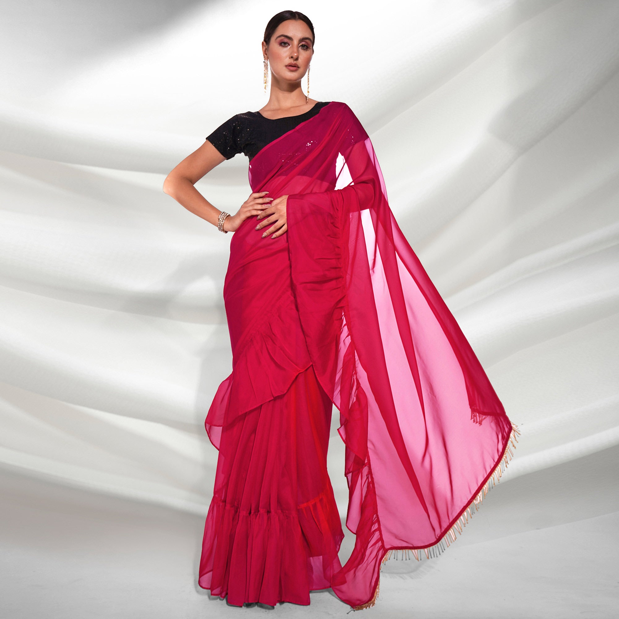 Pink Solid Organza Frill Saree