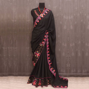 Black Floral Embroidered Vichitra Silk Saree