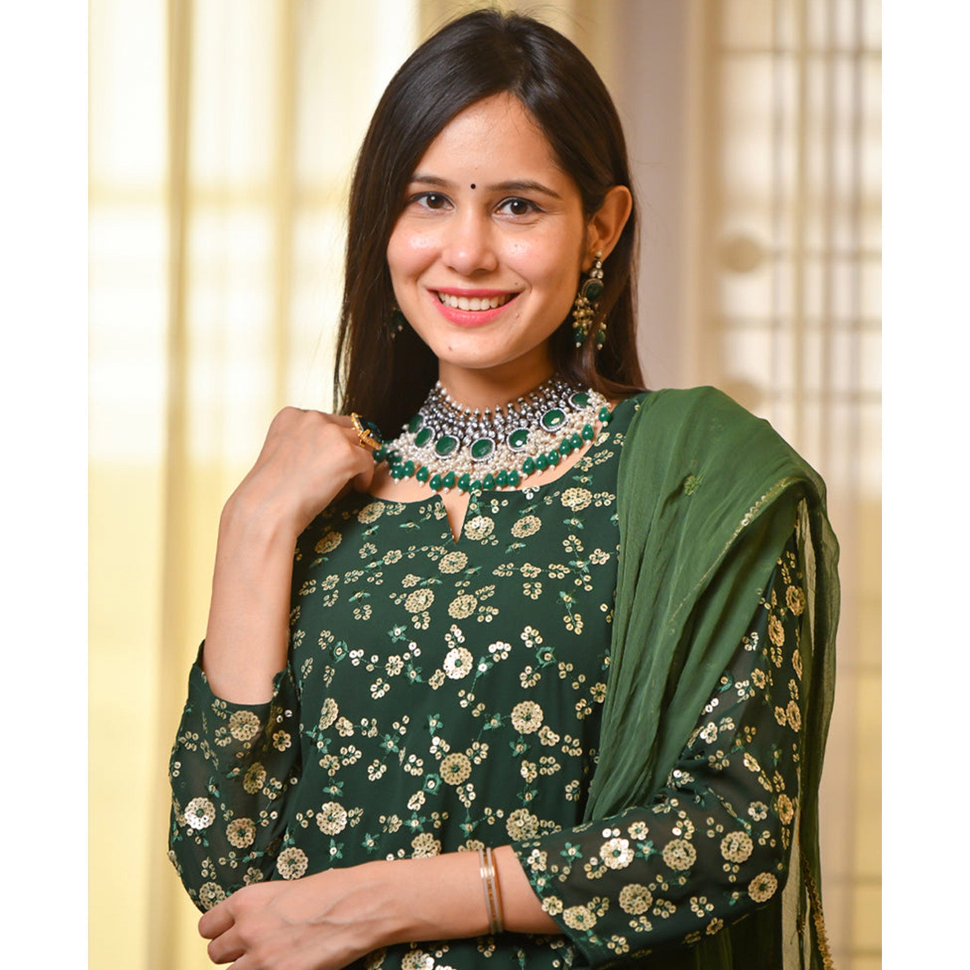 Green Sequins Embroidered Georgette Suit