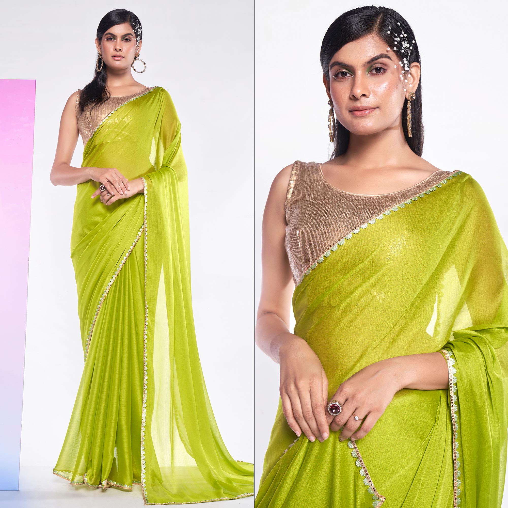 Green Solid With Embroidered Border Georgette Saree