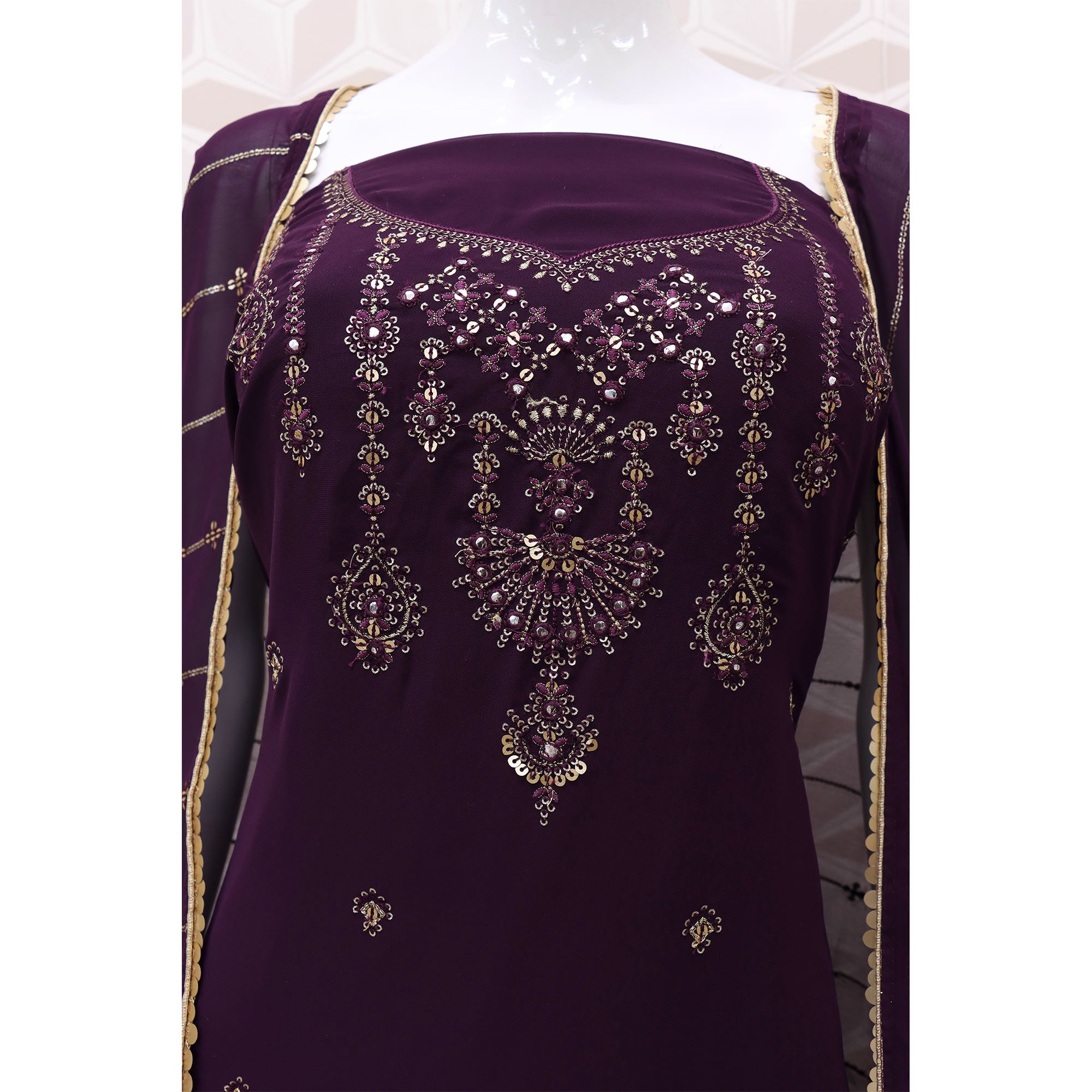 Purple Sequins Embroidered Georgette Sharara Suit