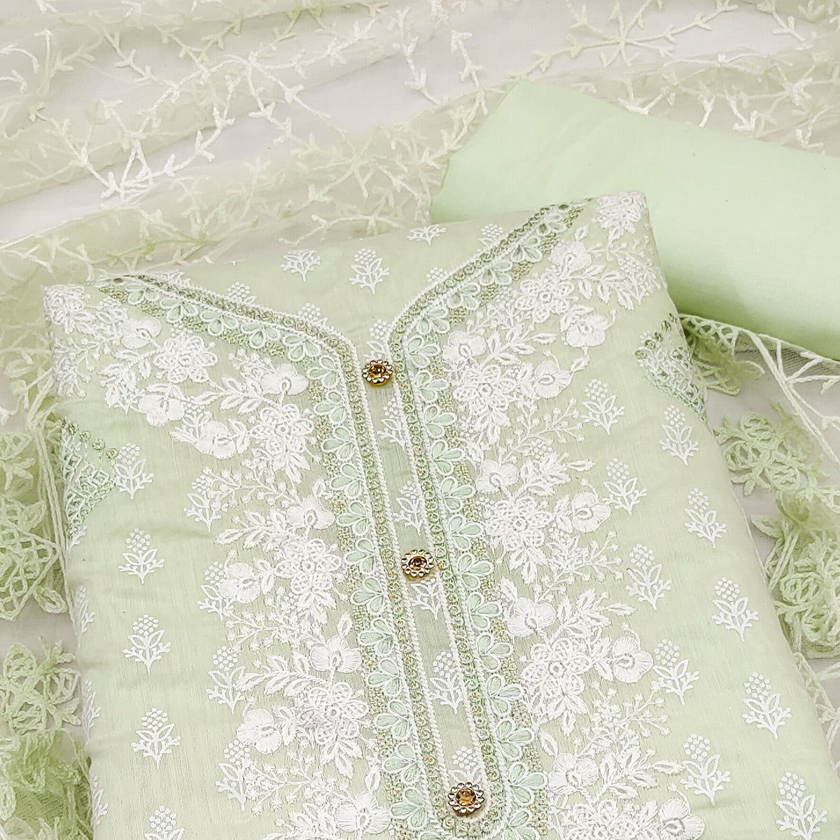 Green Floral Embroidered Chanderi Dress Material
